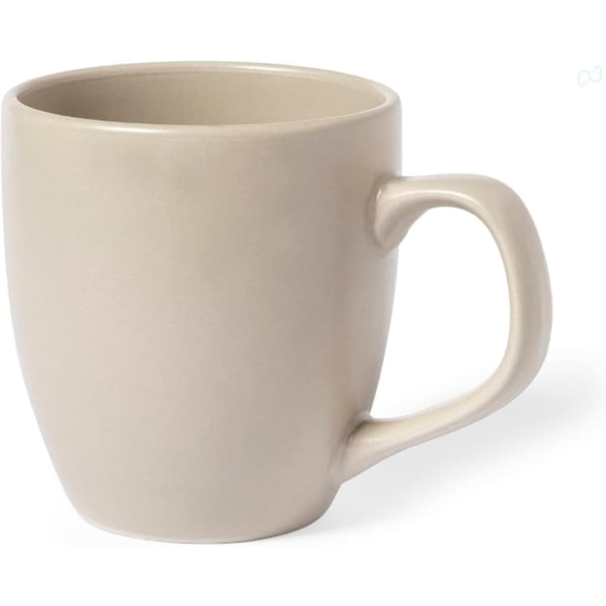 A coffee mug in a neutral beige colour with a modern, curved design and a comfortable handle. It features a logo.