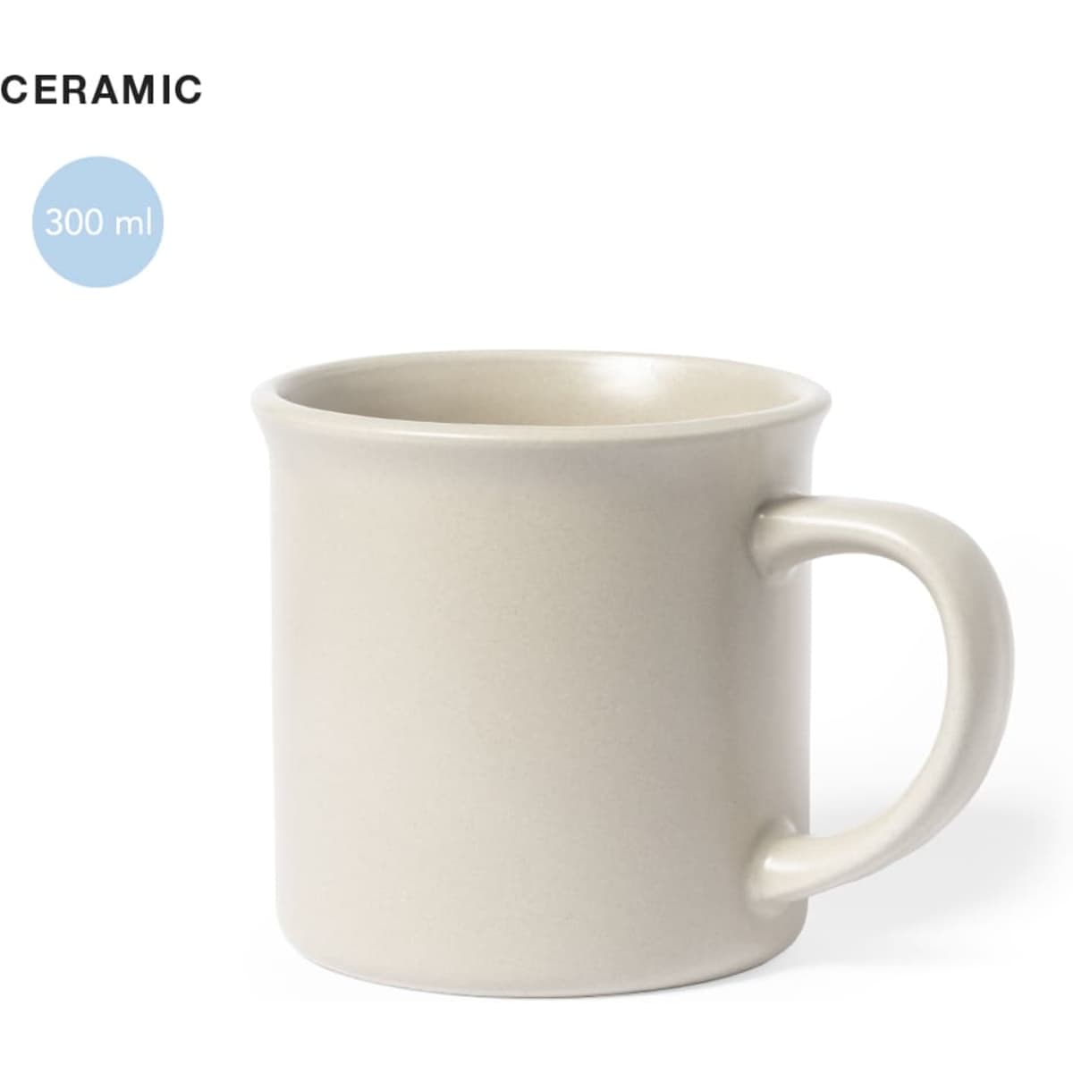 A ceramic coffee mug in a light beige colour, holding 300 ml, featuring a handle and a simple design.