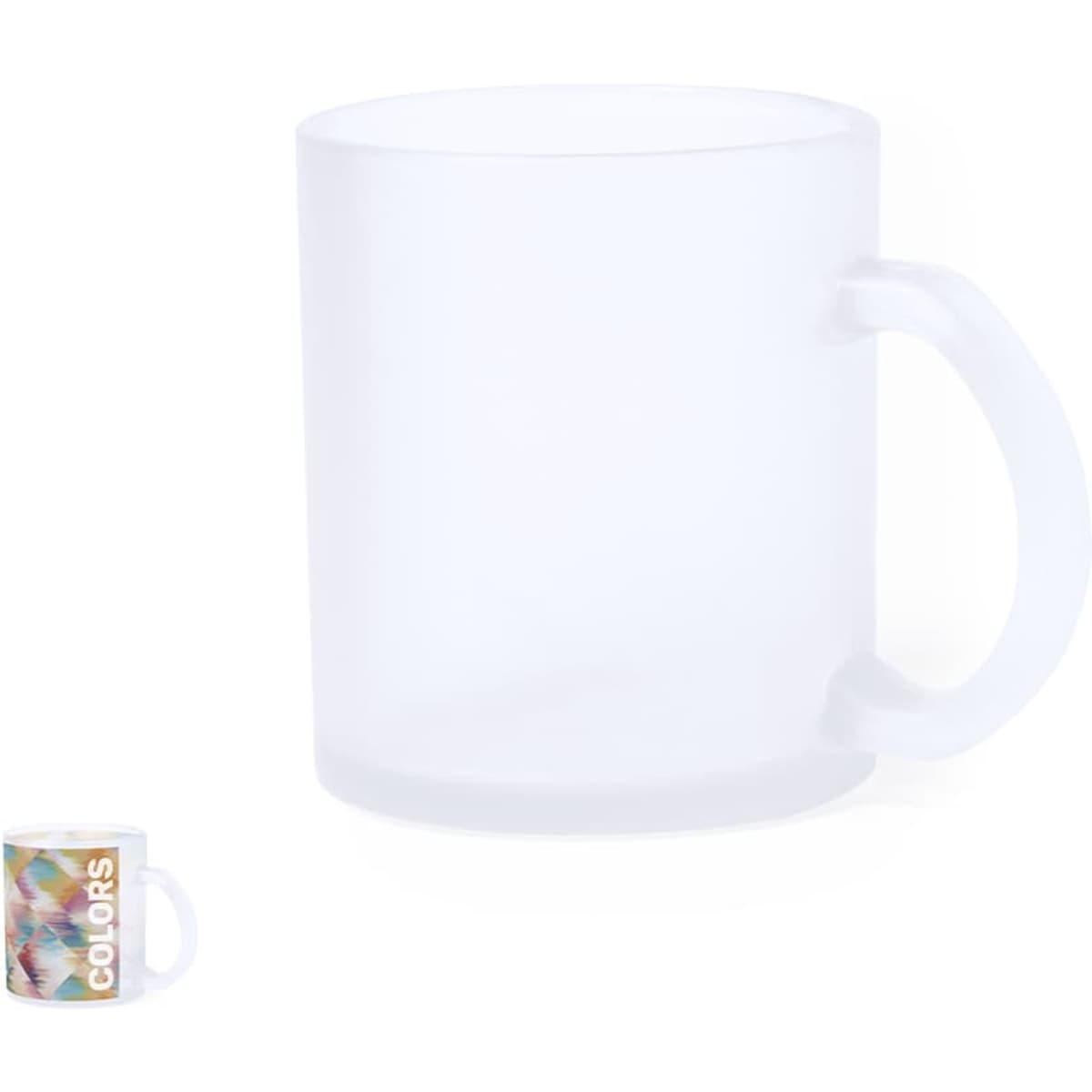 A frosted glass mug with a handle, featuring a simple design and a smooth finish. It includes a branding logo.