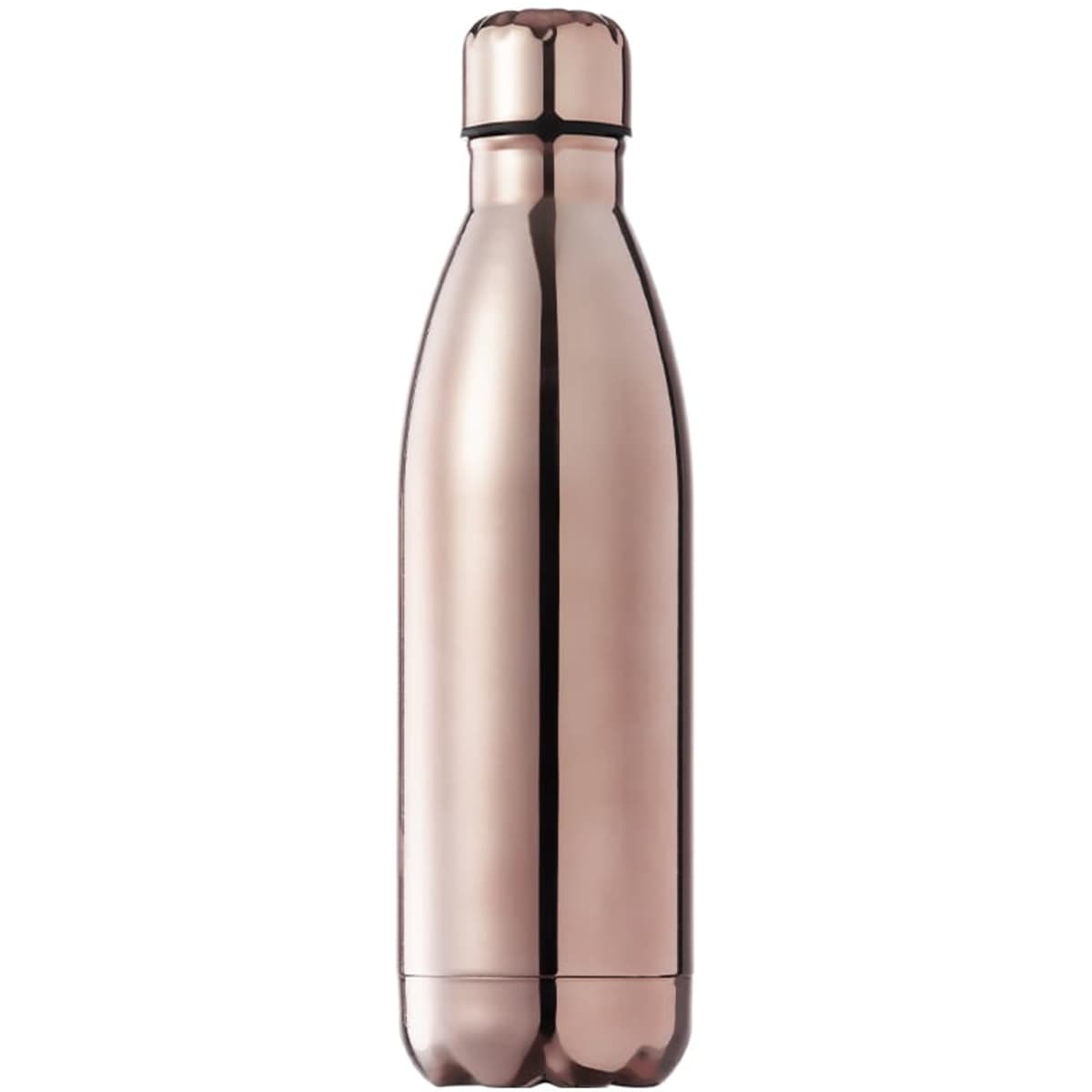 A drink bottle in a sleek rose gold finish with a contoured shape and a lid, featuring a logo.