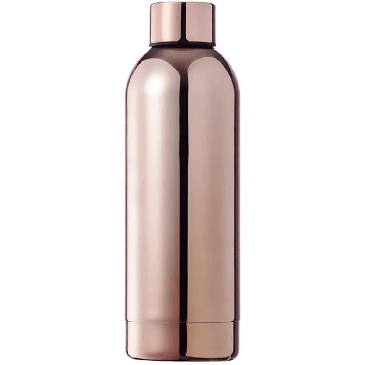 A drink bottle in a shiny rose gold finish with a sleek design and a cap, featuring a brand logo.