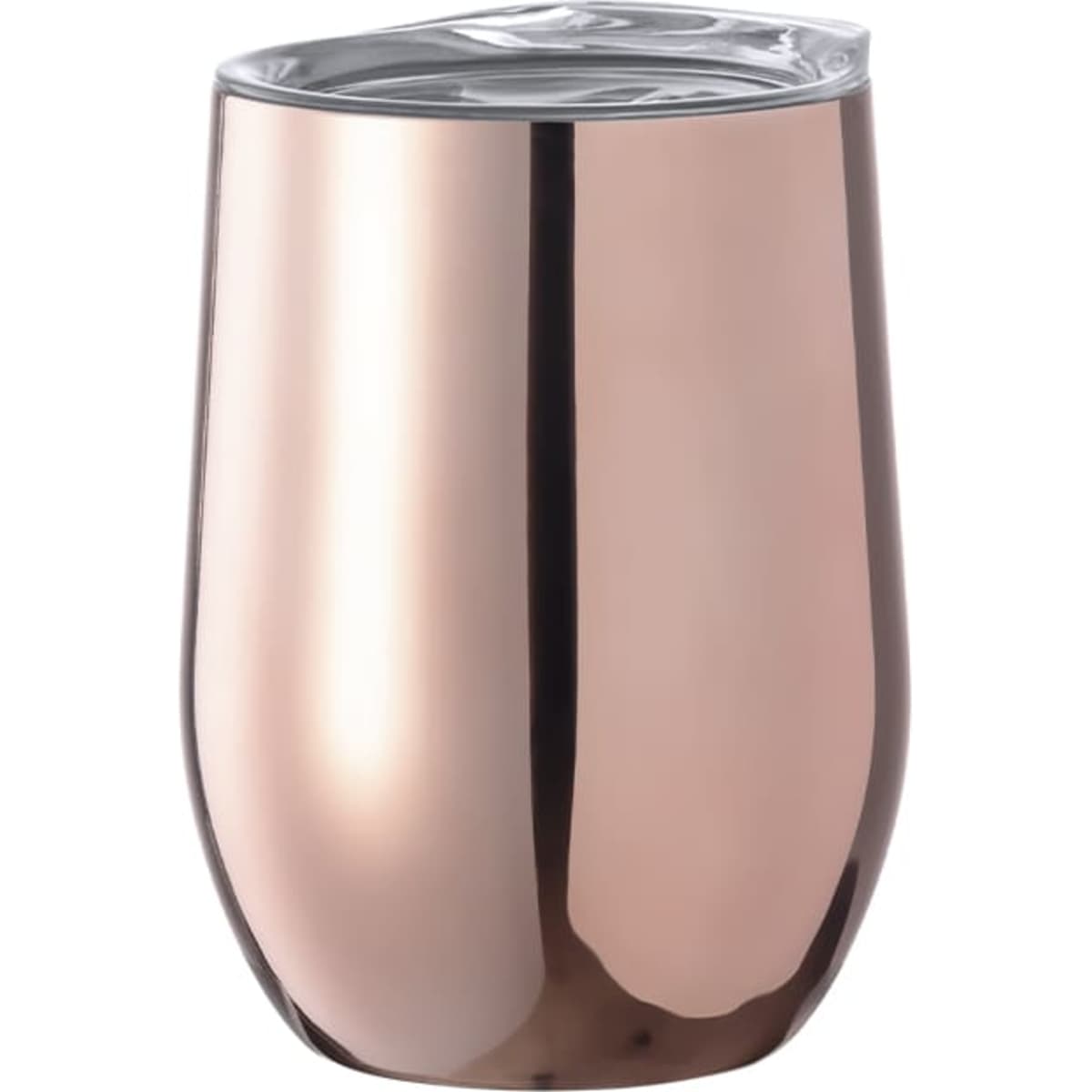 A drink bottle in a sleek rose gold finish, featuring a clear lid and a modern, rounded design.