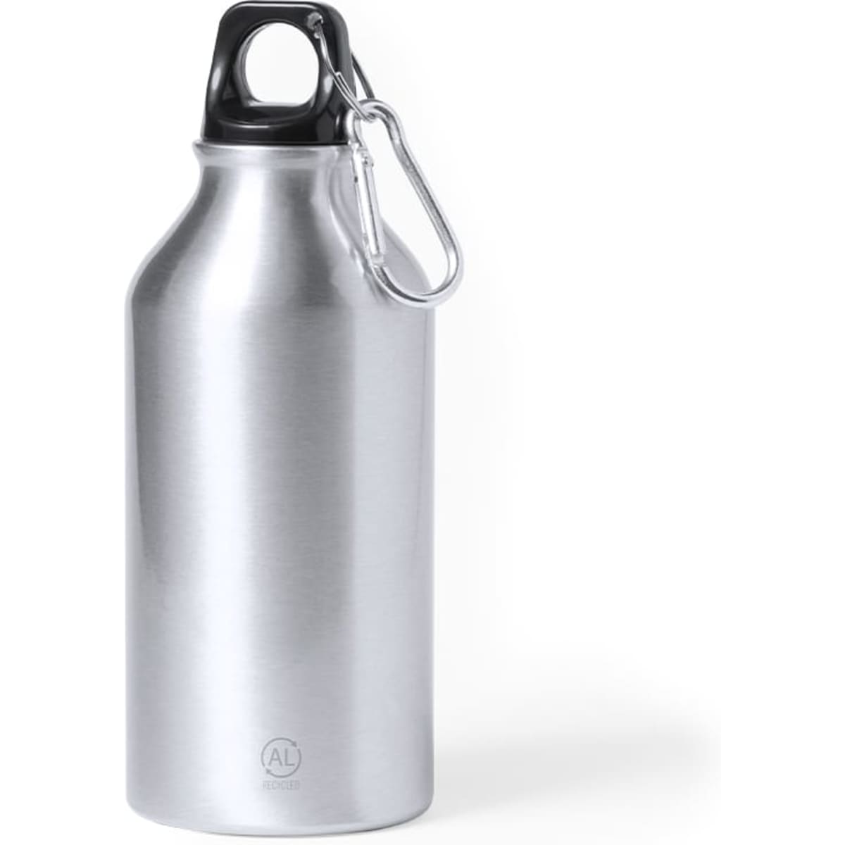 A drink bottle in silver metal with a black cap and a clip attachment. It features a logo on the surface.