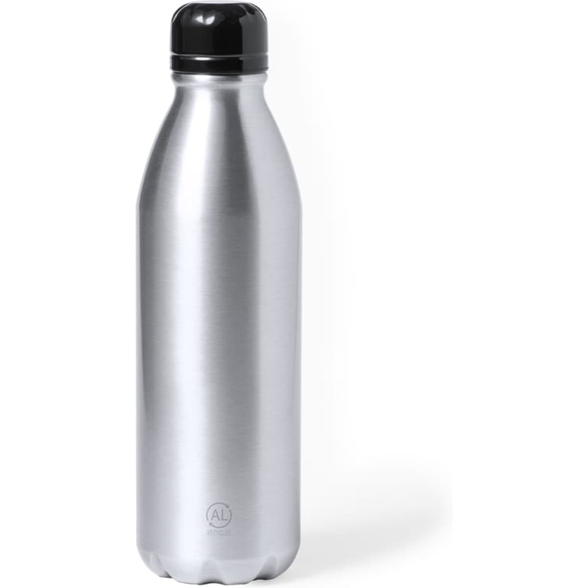 A drink bottle in silver metal with a black cap, featuring a logo on the bottom.