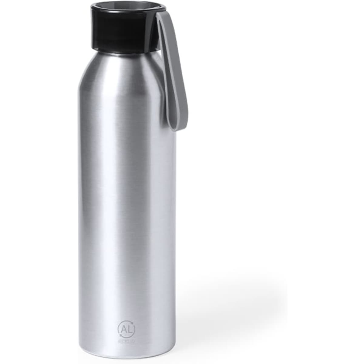 A drink bottle in stainless steel with a black lid and a carrying strap, featuring a logo.