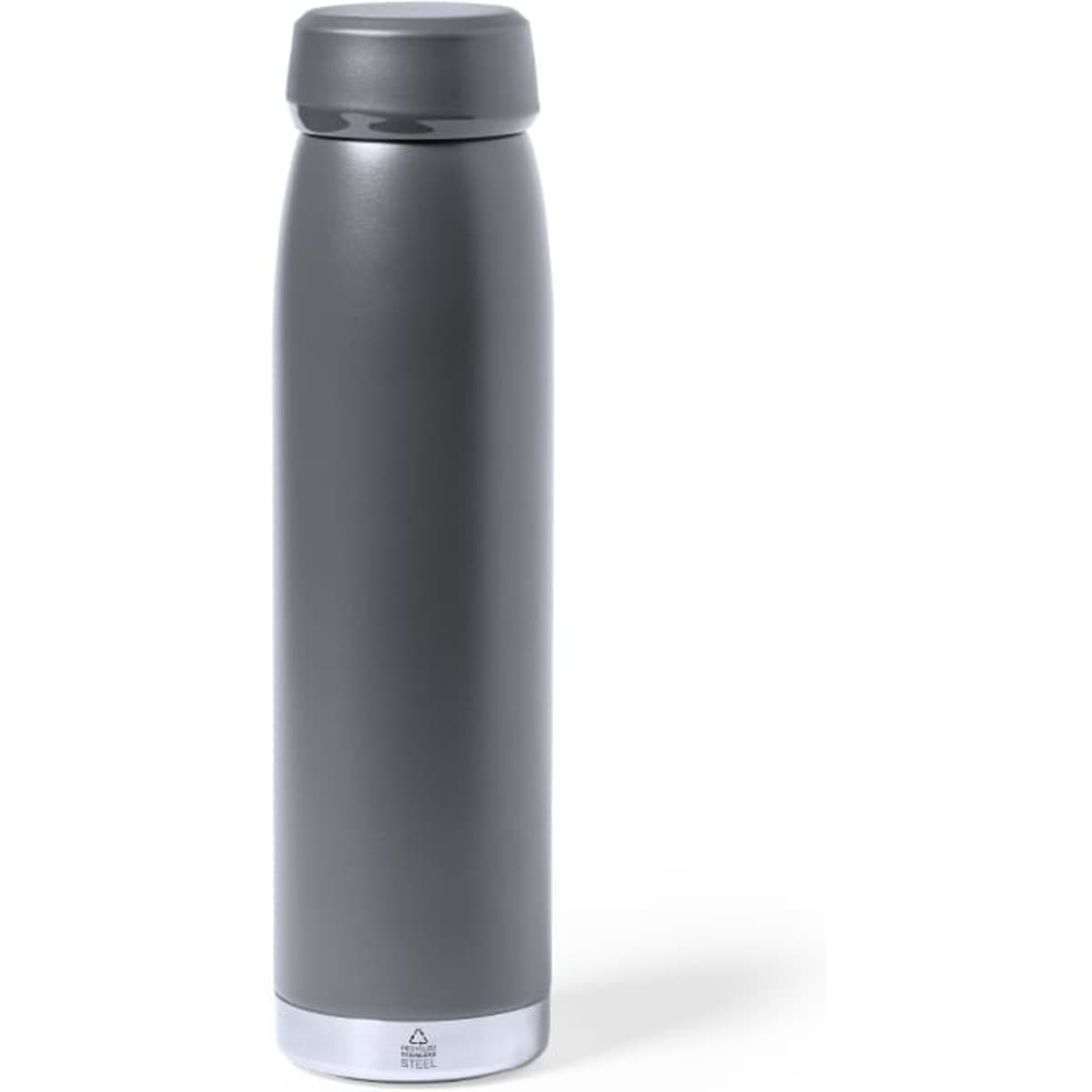 A drink bottle in grey with a sleek design and a stainless steel base, featuring a logo on the body.