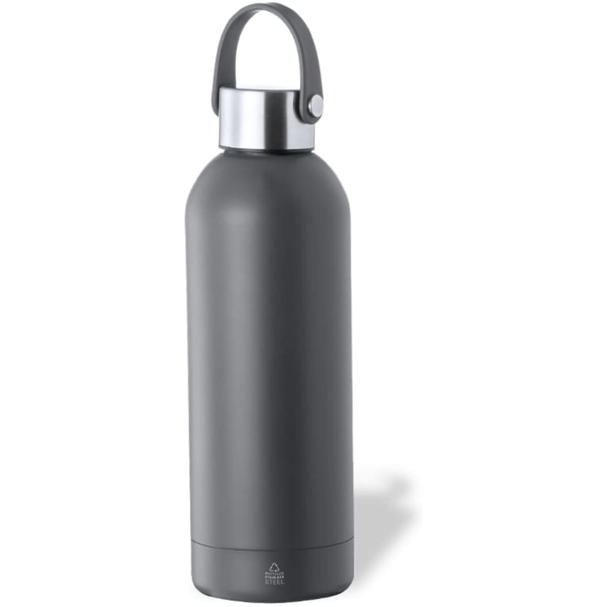 A drink bottle in a sleek grey finish with a carry handle and a metallic cap. It features a logo on the body.