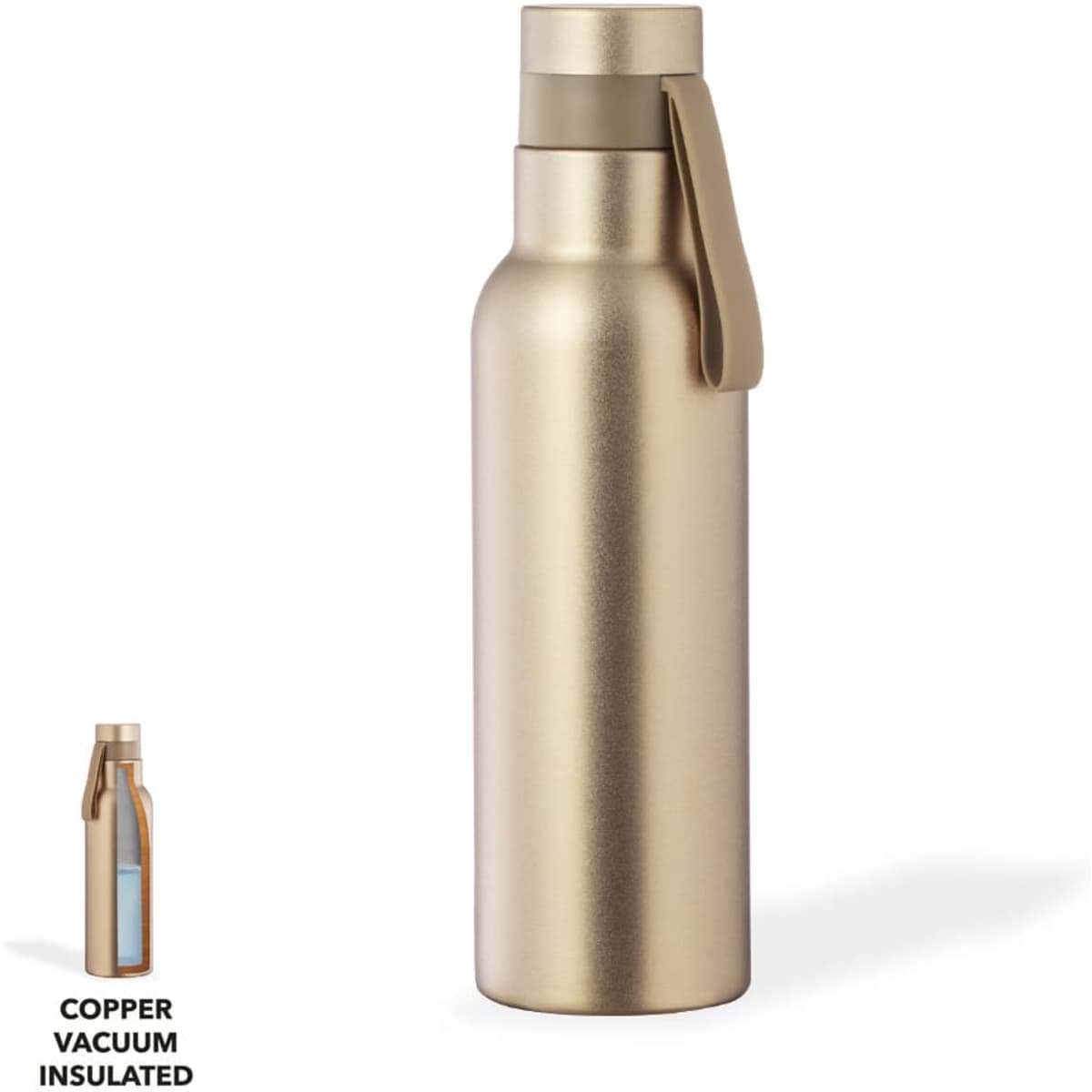A drink bottle in a sleek gold finish, featuring a copper vacuum insulation and a minimalistic design.