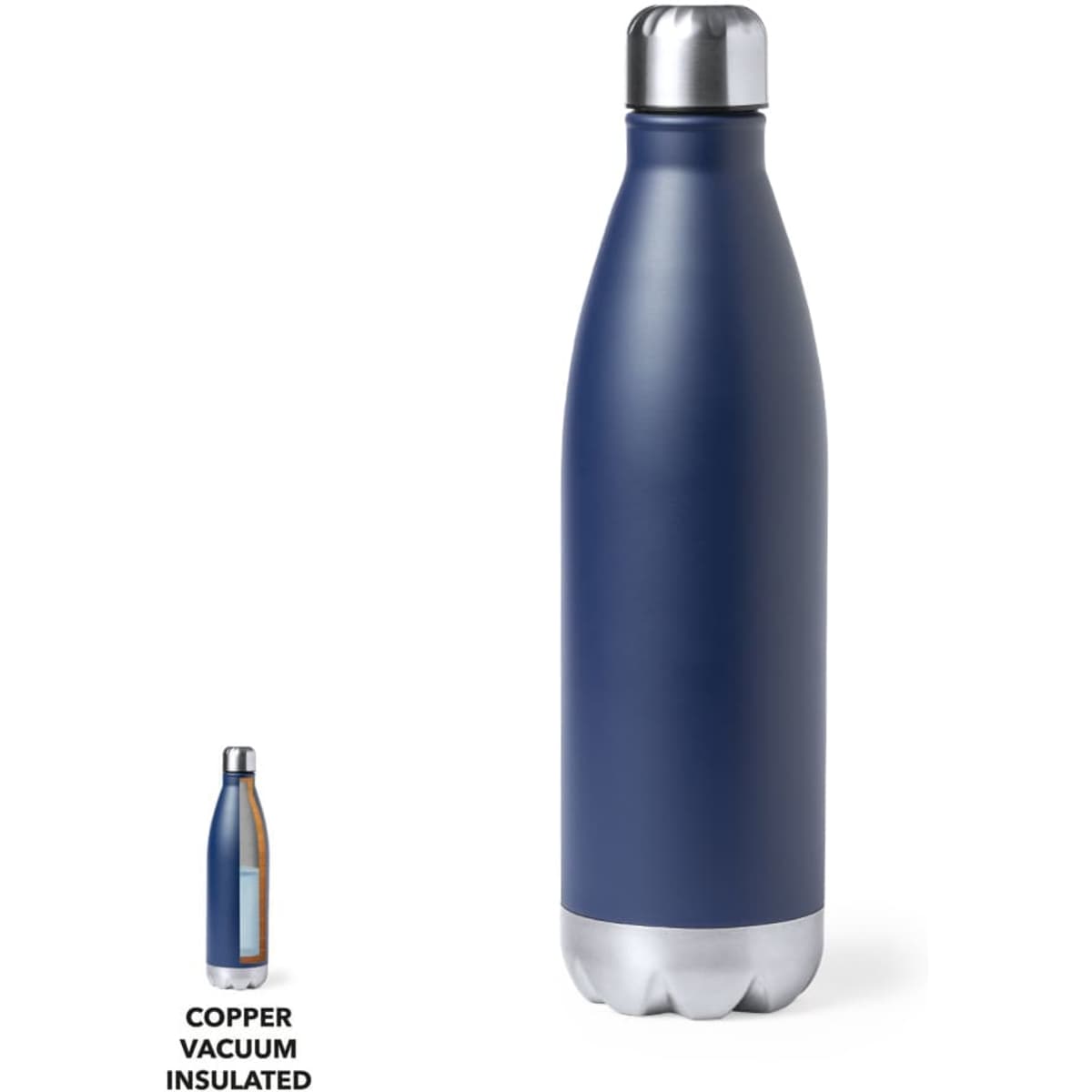A drink bottle in navy blue with a stainless steel top and a copper vacuum insulation feature. Features branding.