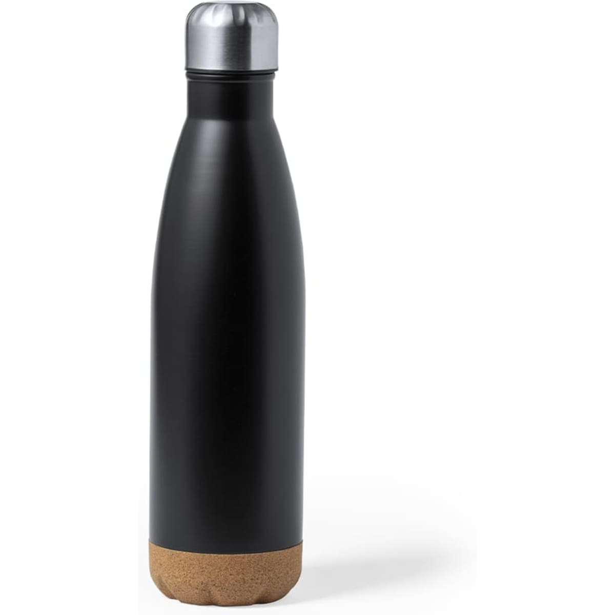 A drink bottle in black with a silver cap and a cork bottom, featuring a logo.