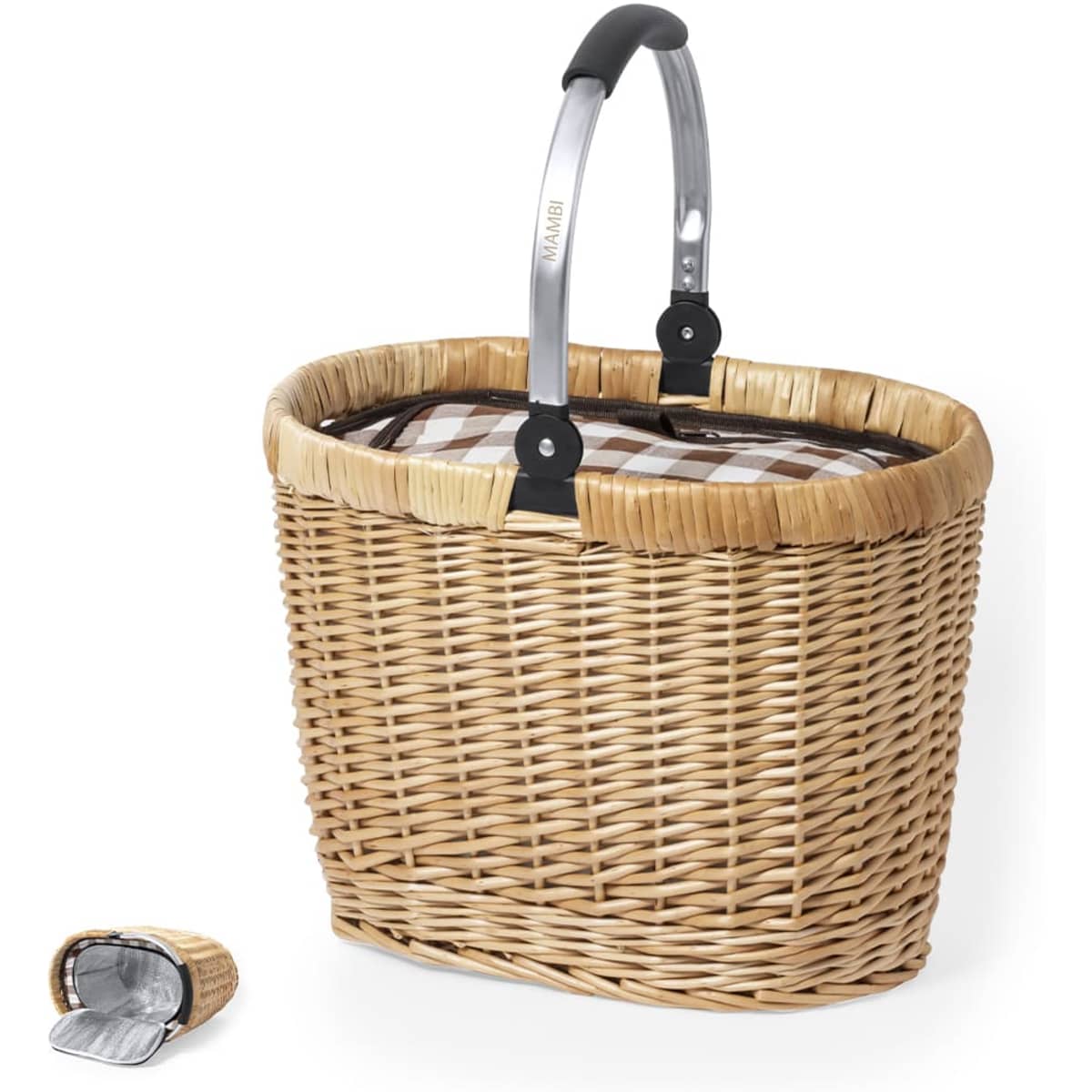 A wicker picnic basket with a checked interior and a collapsible design, featuring a silver handle.