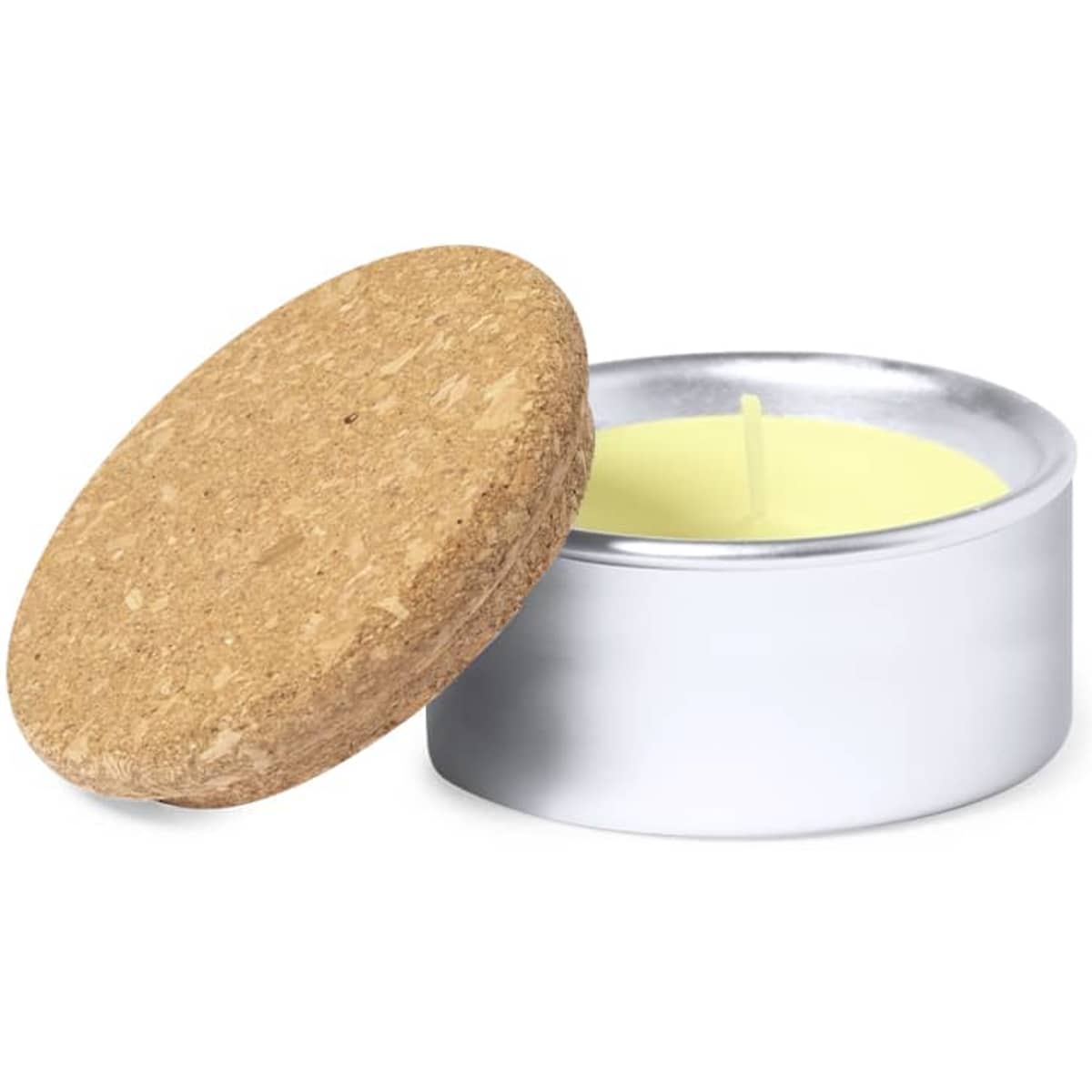 A round silver candle tin with a cork lid, revealing a pale yellow candle inside.