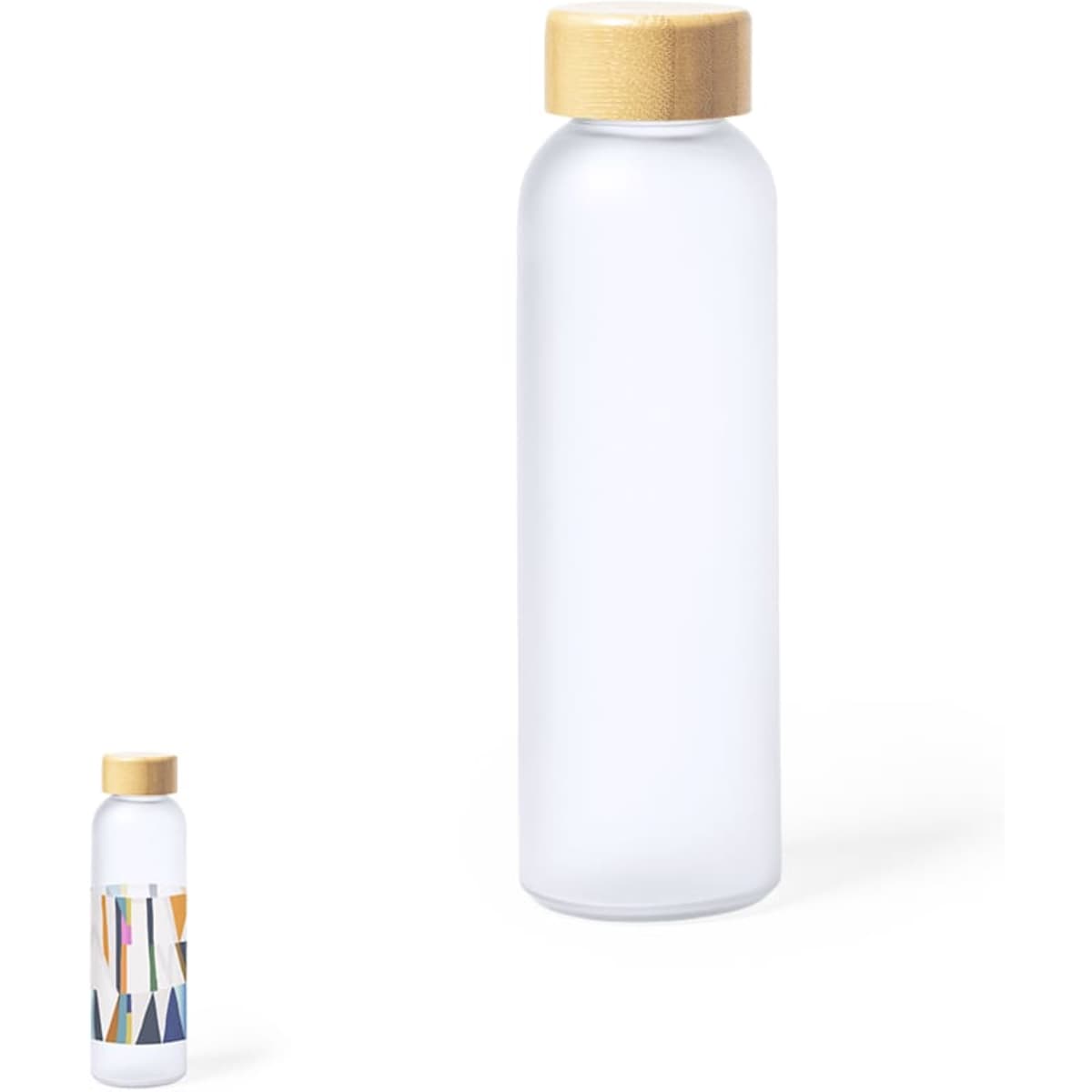 A drink bottle featuring a clear body and a wooden screw cap, with a second design showcasing colourful geometric patterns.