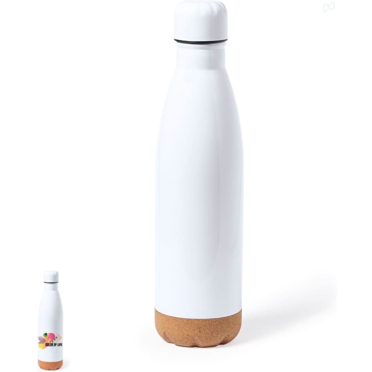 A drink bottle featuring a white body and a cork bottom, with a logo on one side.
