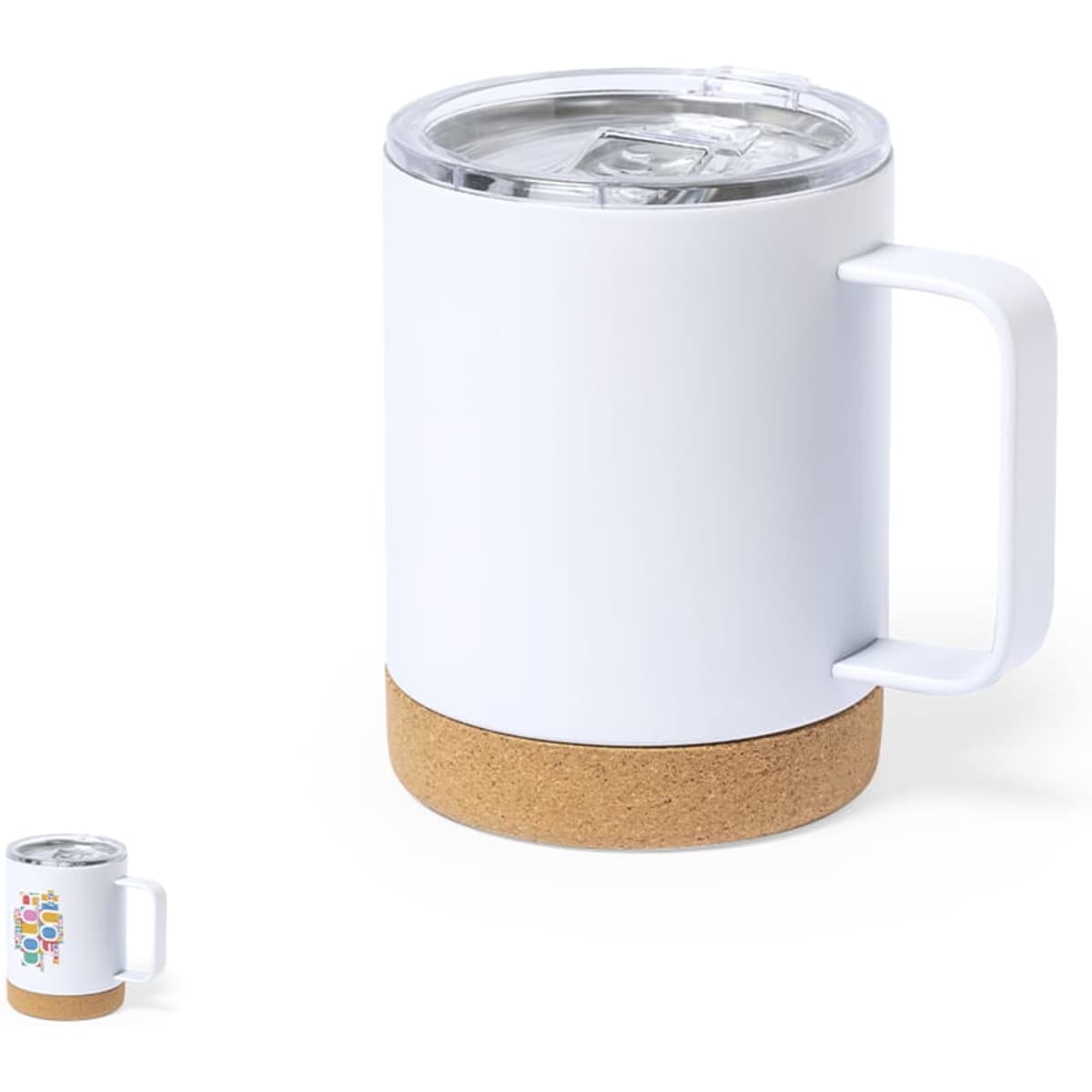 A white insulated mug with a cork base and a clear lid. Features a handle and a logo.