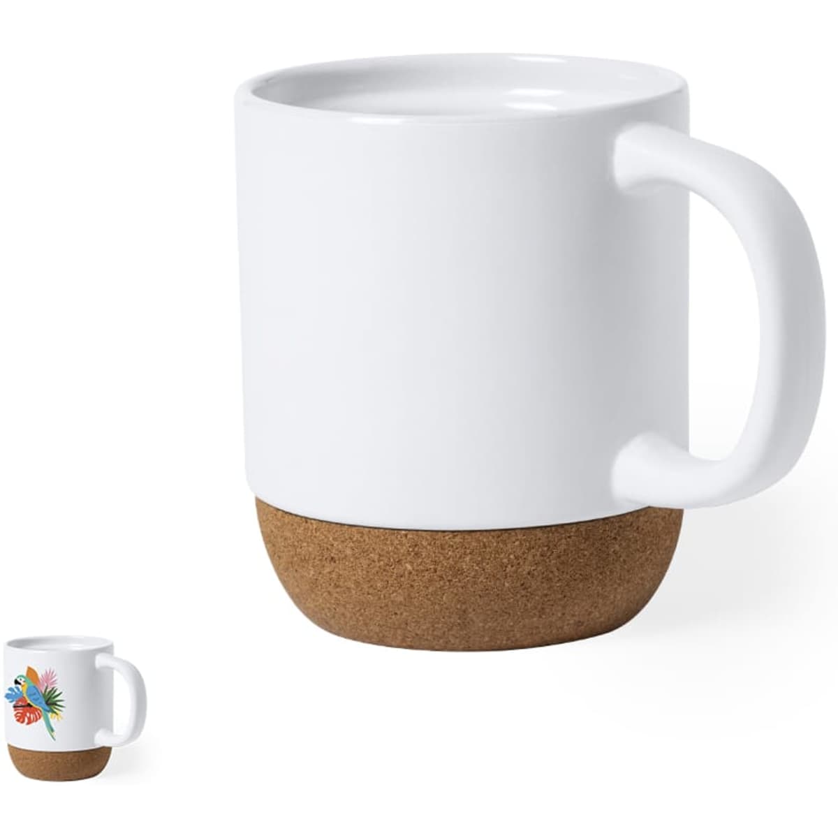 A coffee mug with a white ceramic body and a natural cork base, featuring a colourful design on one side.