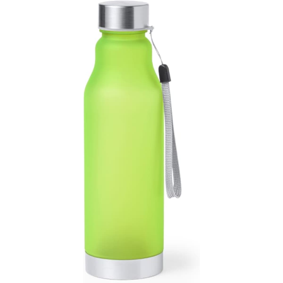 A drink bottle in a vibrant green hue, featuring a silver cap and a convenient carrying strap.