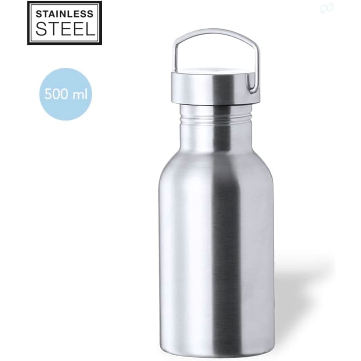 A drink bottle made of stainless steel, featuring a sleek silver design and a screw-on cap. Holds 500 ml.