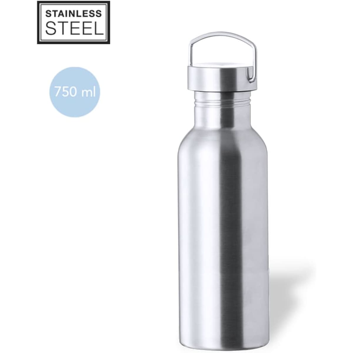 A stainless steel drink bottle in a sleek silver finish, featuring a carrying handle and a 750 ml capacity.