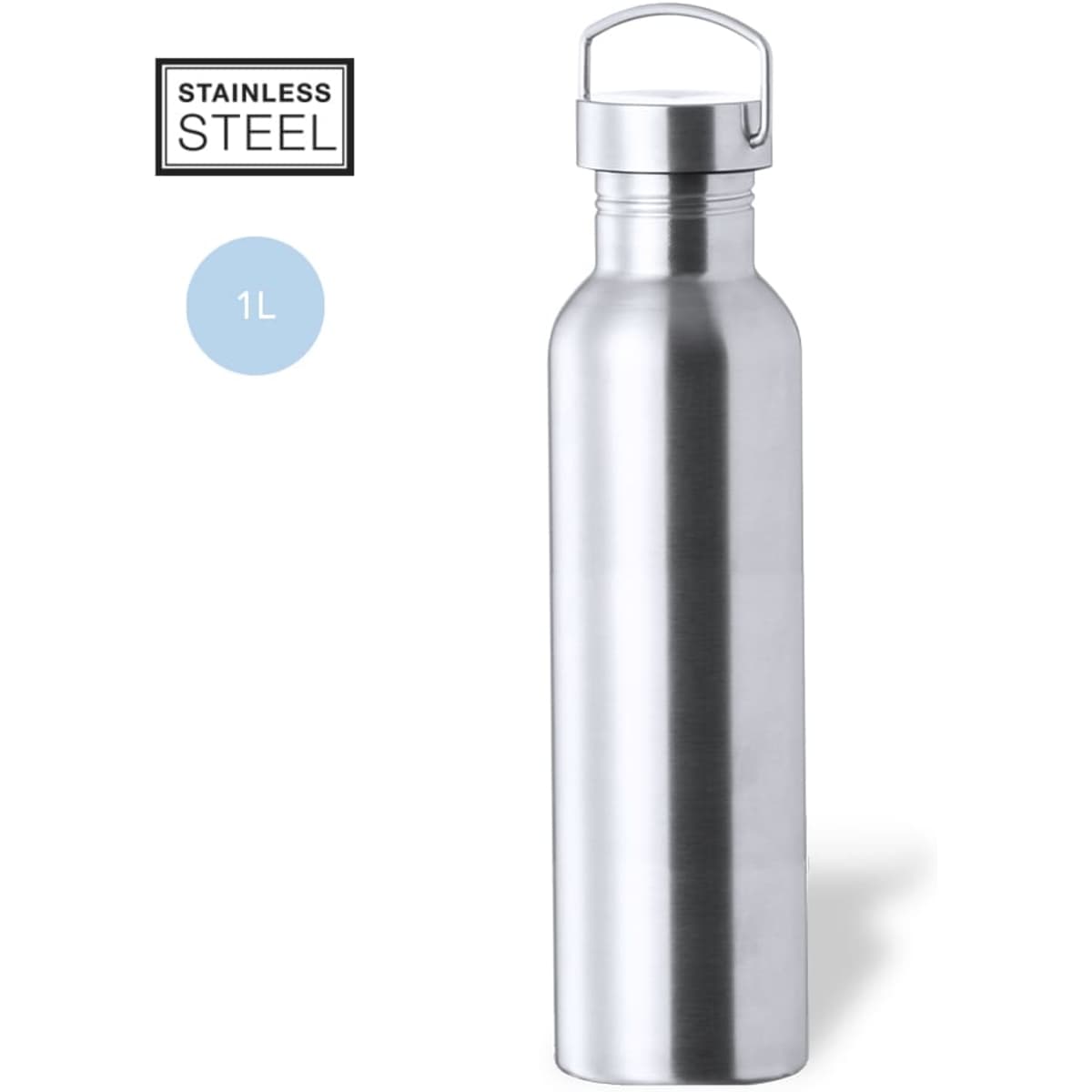 A stainless steel drink bottle in silver, featuring a classic design and a removable cap with a handle.