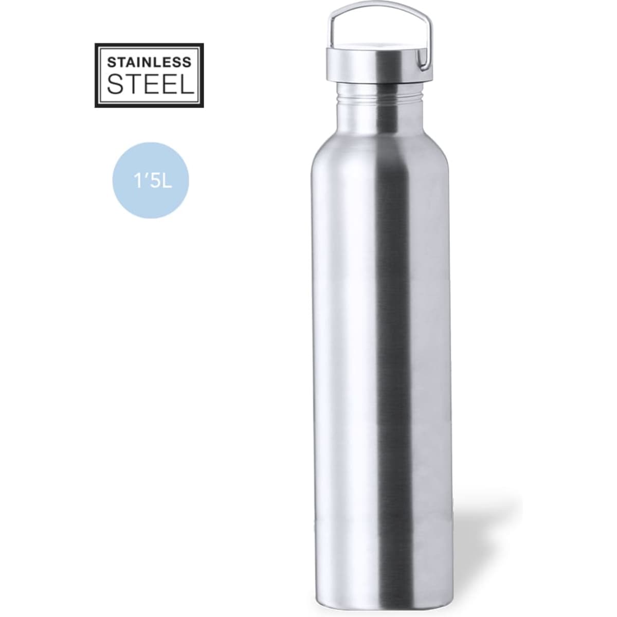 A stainless steel drink bottle with a sleek silver finish and a removable cap. Features a branding logo.