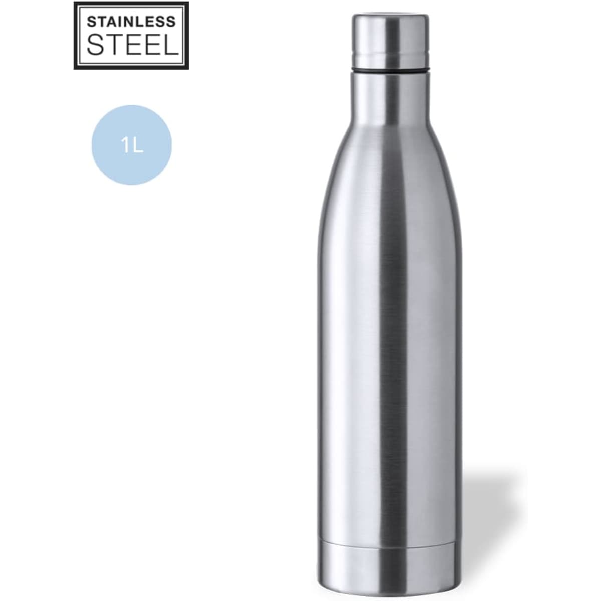 A drink bottle made of stainless steel, featuring a sleek silver design and a 1L capacity. Includes a logo.