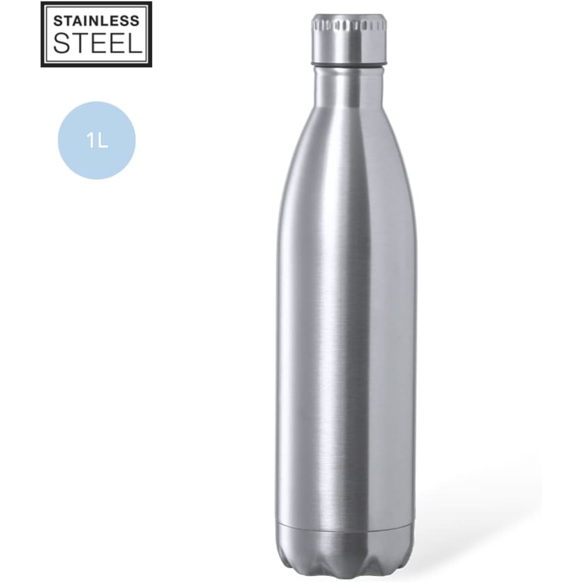 A drink bottle made of stainless steel, featuring a sleek silver design and a rounded base. It has a logo on the side.