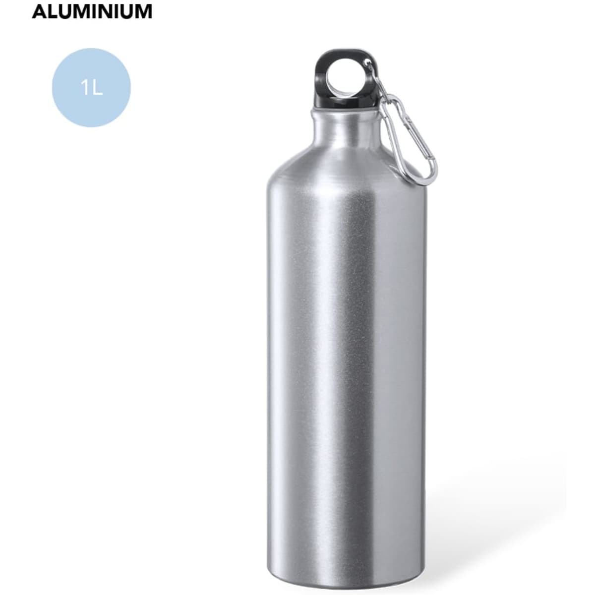 A drink bottle made of aluminium, featuring a sleek silver finish and a carabiner clip for easy attachment.
