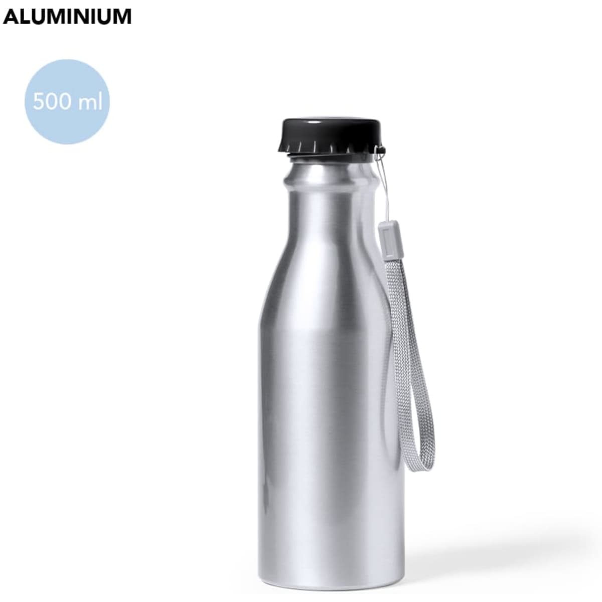 A drink bottle crafted from aluminium, featuring a sleek silver finish and a black screw top, with a side strap.