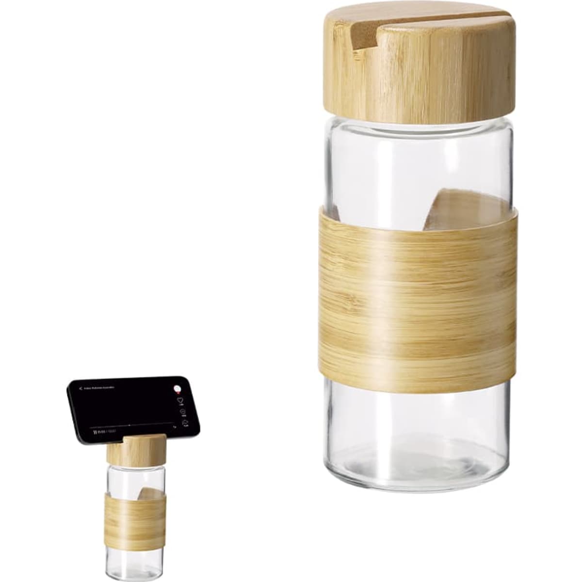 A drink bottle made of glass with a bamboo lid and a bamboo sleeve for insulation. Features a logo.