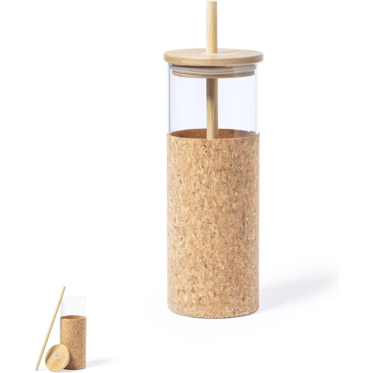 A drink bottle with a clear glass body, a cork exterior, and a bamboo lid and straw.