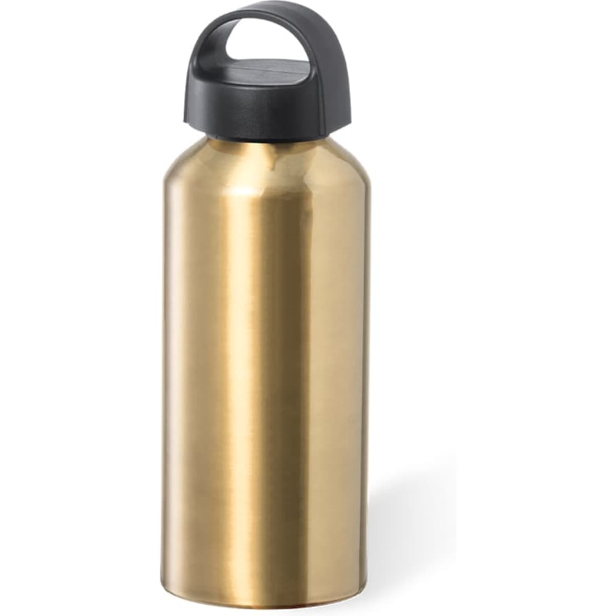 A drink bottle in a shiny gold finish with a black lid and a handle for easy carrying.