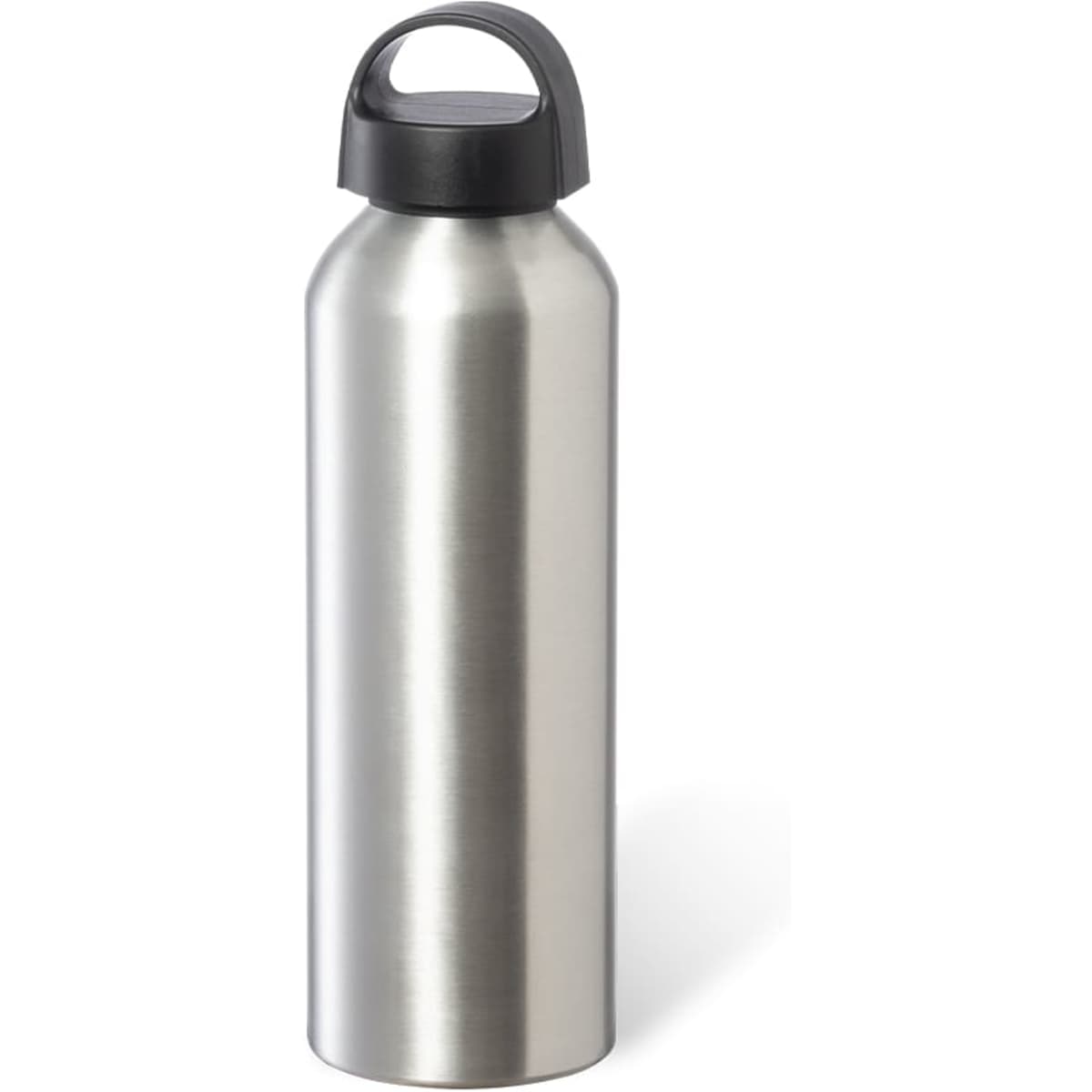 A drink bottle in stainless steel with a black lid and handle. It features a logo on the body.