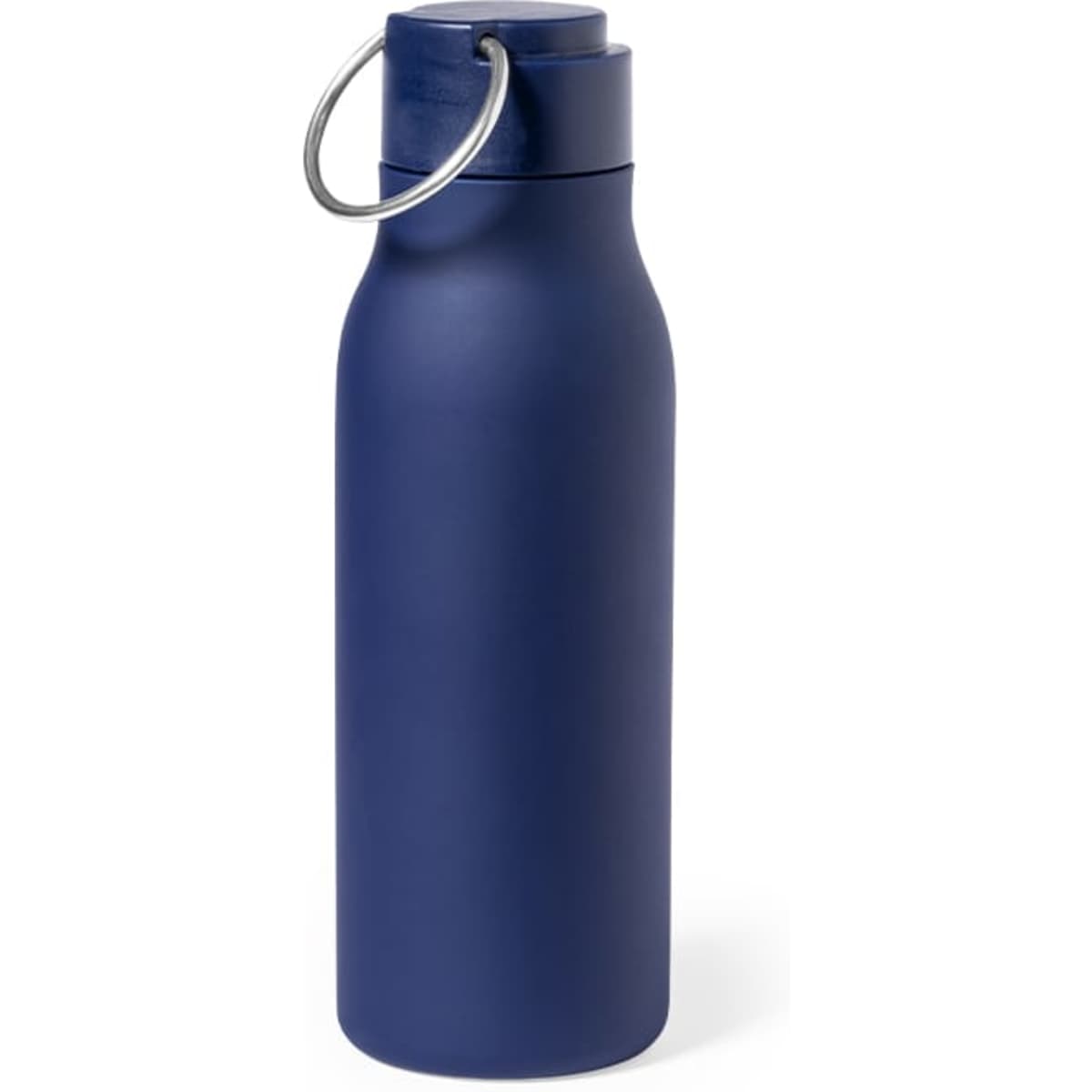 A drink bottle in a navy blue finish, featuring a silver-ringed cap and a sleek, curved design.