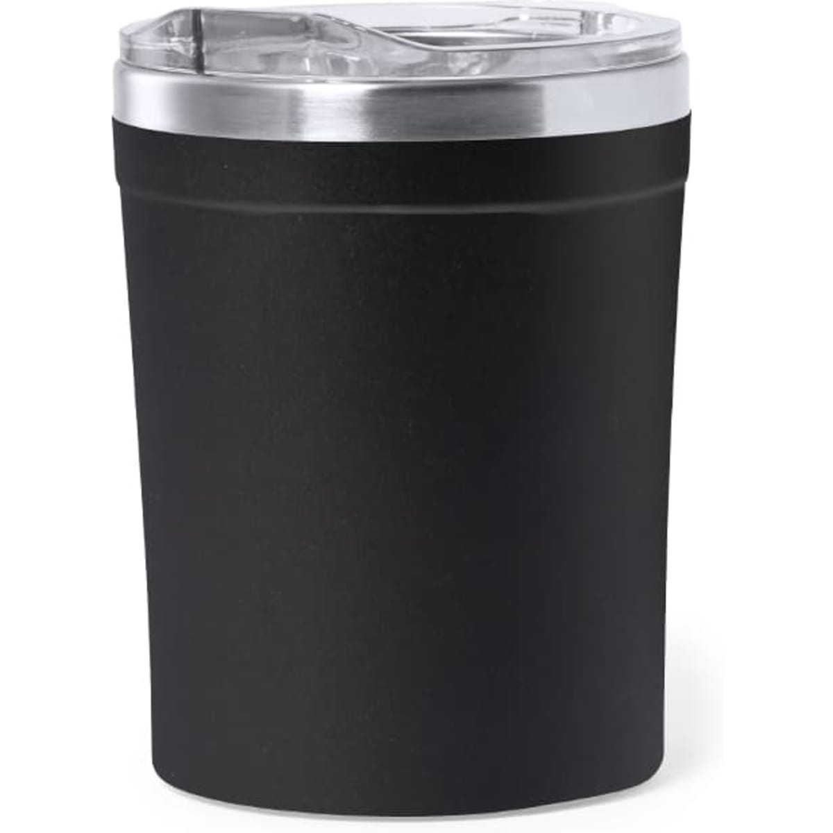 A drink bottle featuring a matte black finish with a silver lid, designed for insulated travel use.