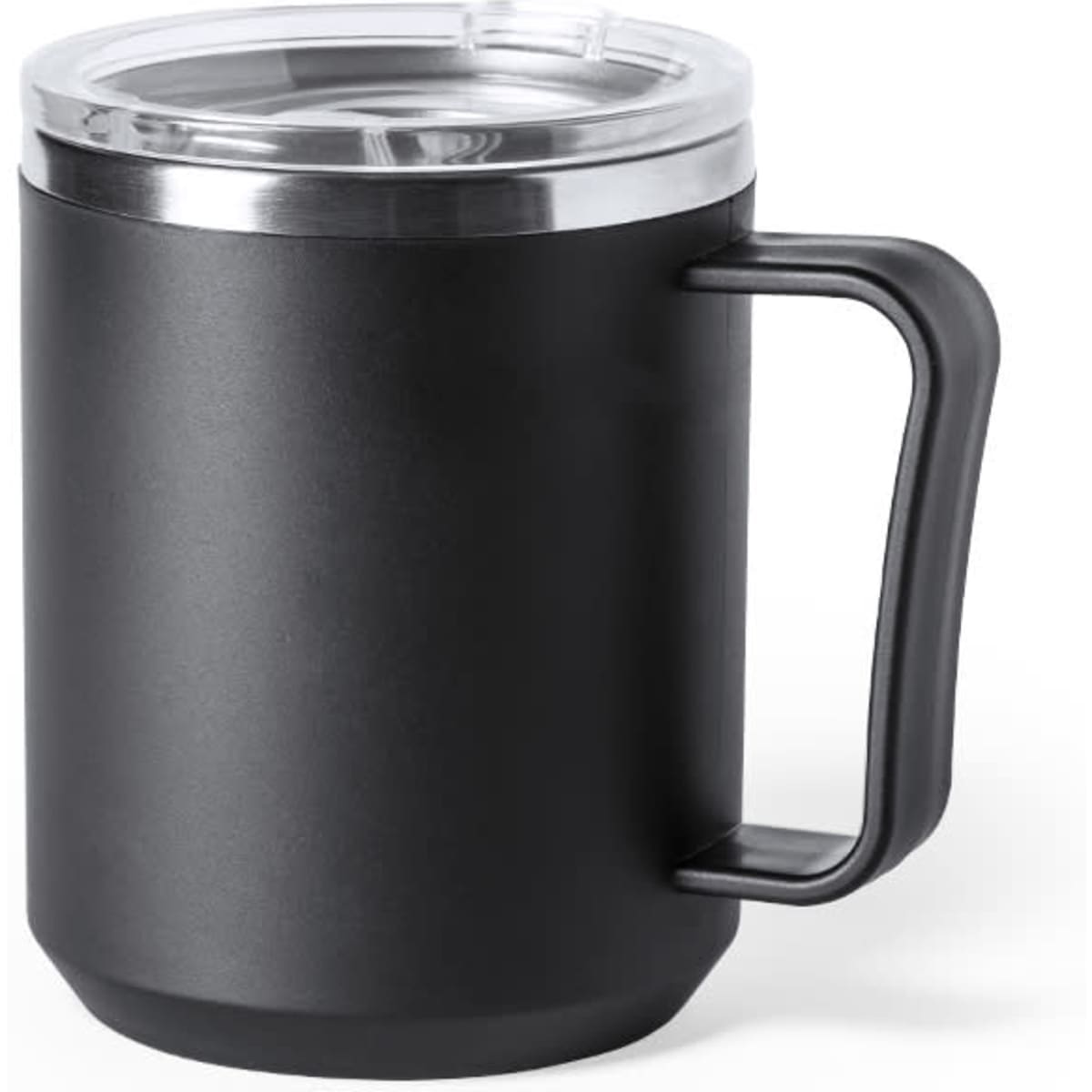 A black insulated mug with a clear lid and a sturdy handle, designed for travel.