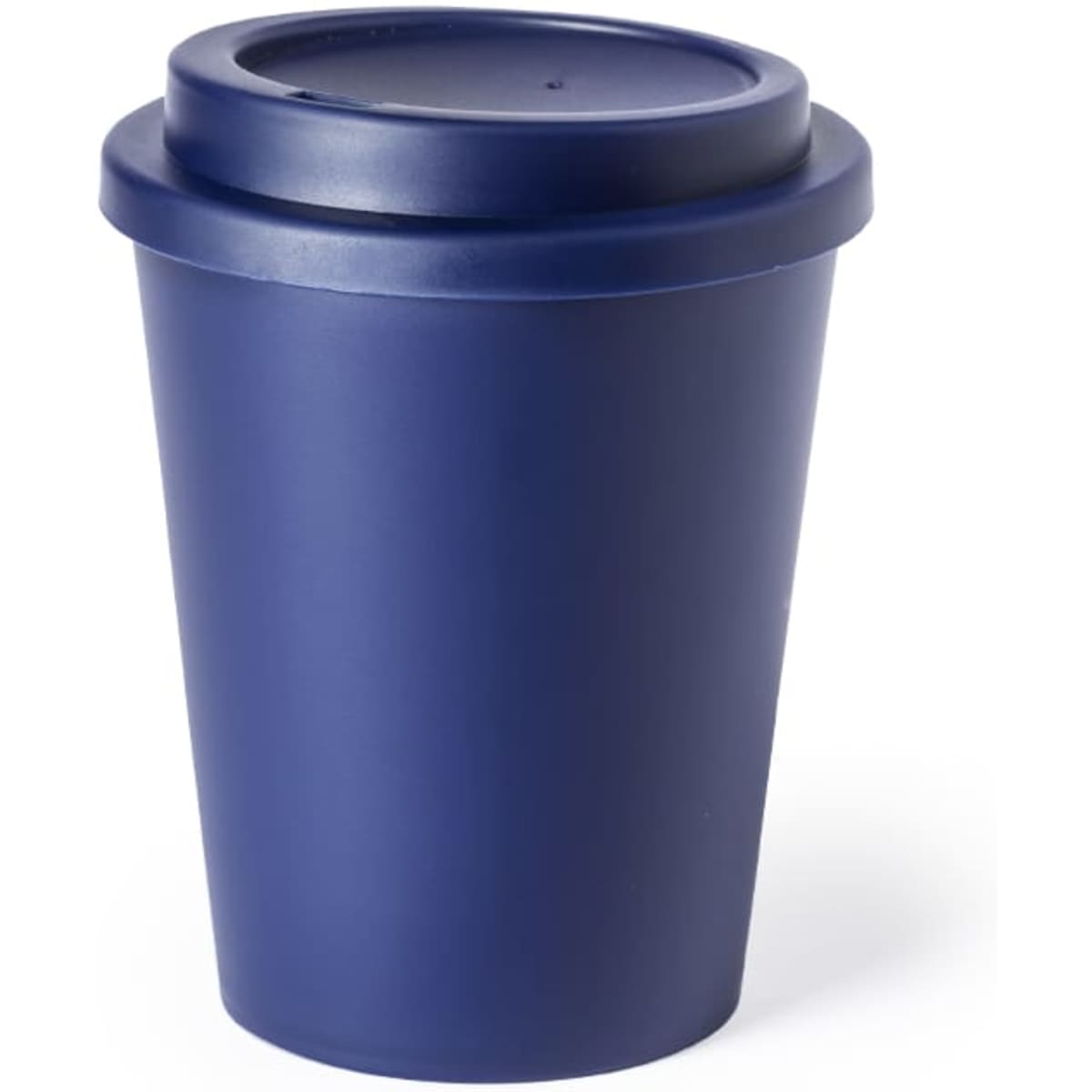 A drink bottle with a navy blue finish and a fitted lid, featuring a branding logo.