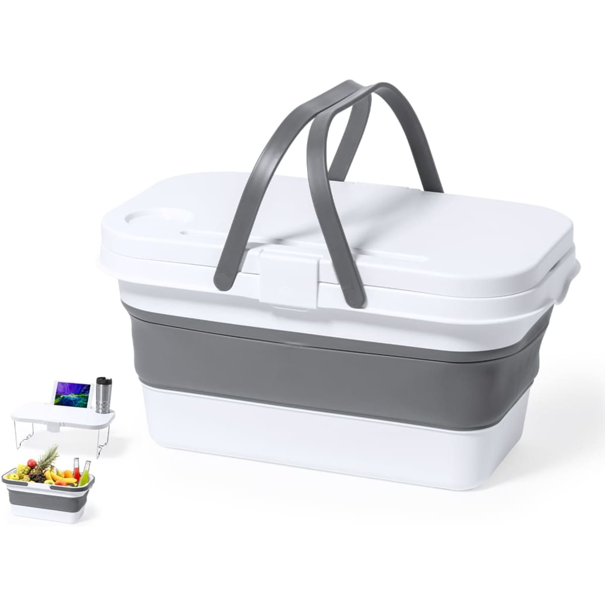 An insulated picnic set in white and grey, featuring a lidded container with two handles and a logo.