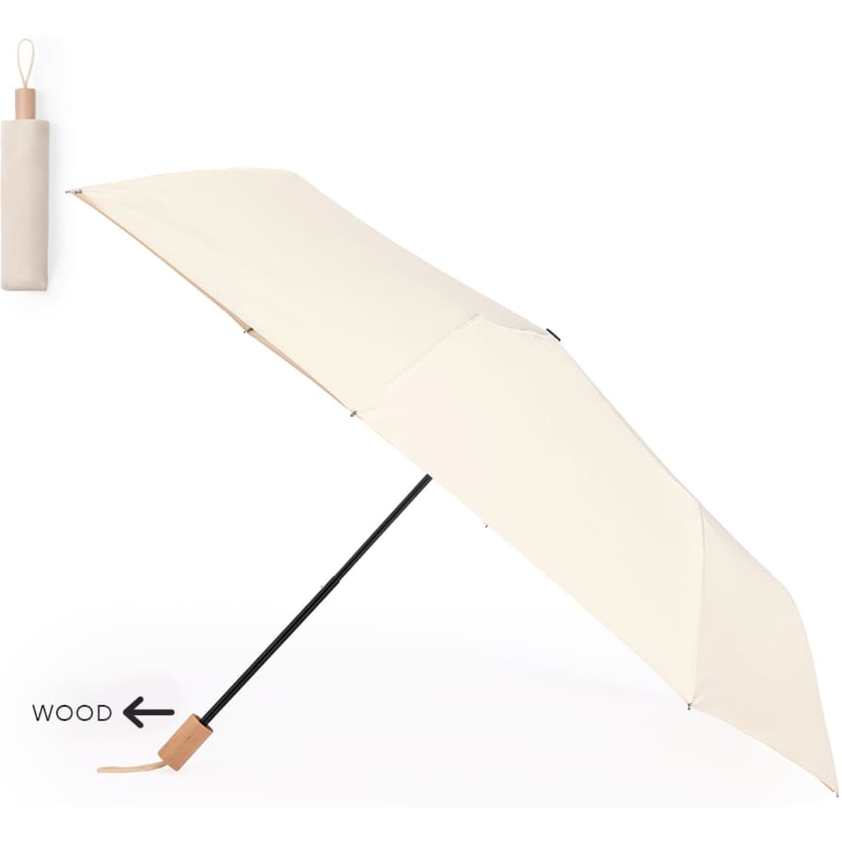 A cream-coloured umbrella with a black handle and a wooden accent, accompanied by a matching storage sleeve.