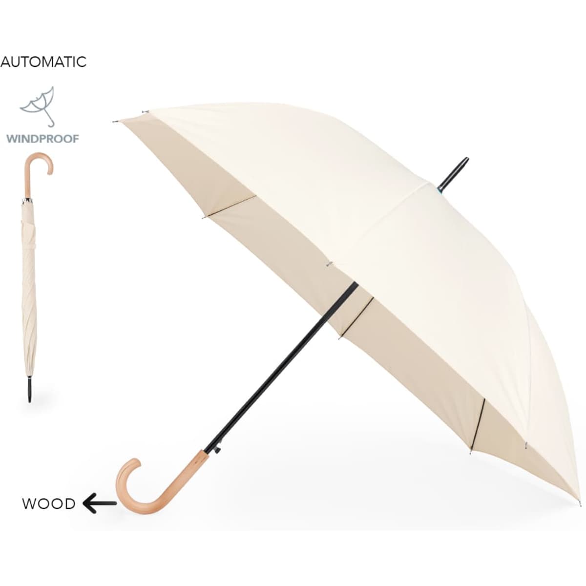 A cream-coloured umbrella with a wooden handle and black frame. Features automatic and windproof mechanisms.