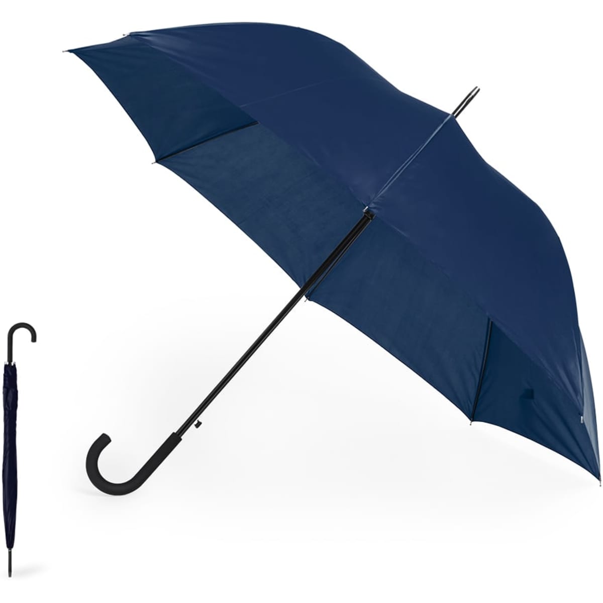 A navy umbrella with a curved handle, featuring a black shaft and a compact folded design beside it.