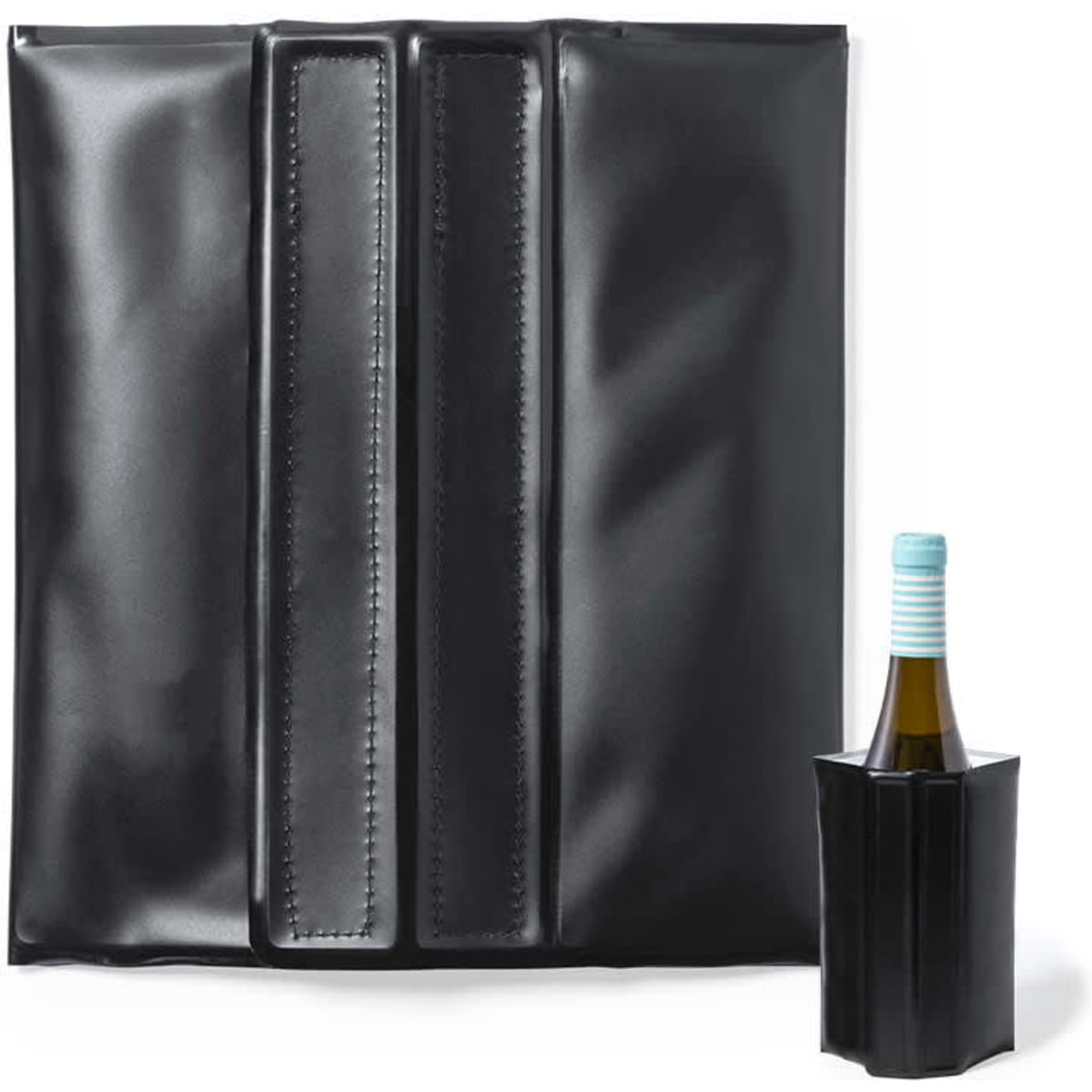 A drink bottle cooler in black, featuring a sleek design with two vertical stripes and a matching bottle holder.