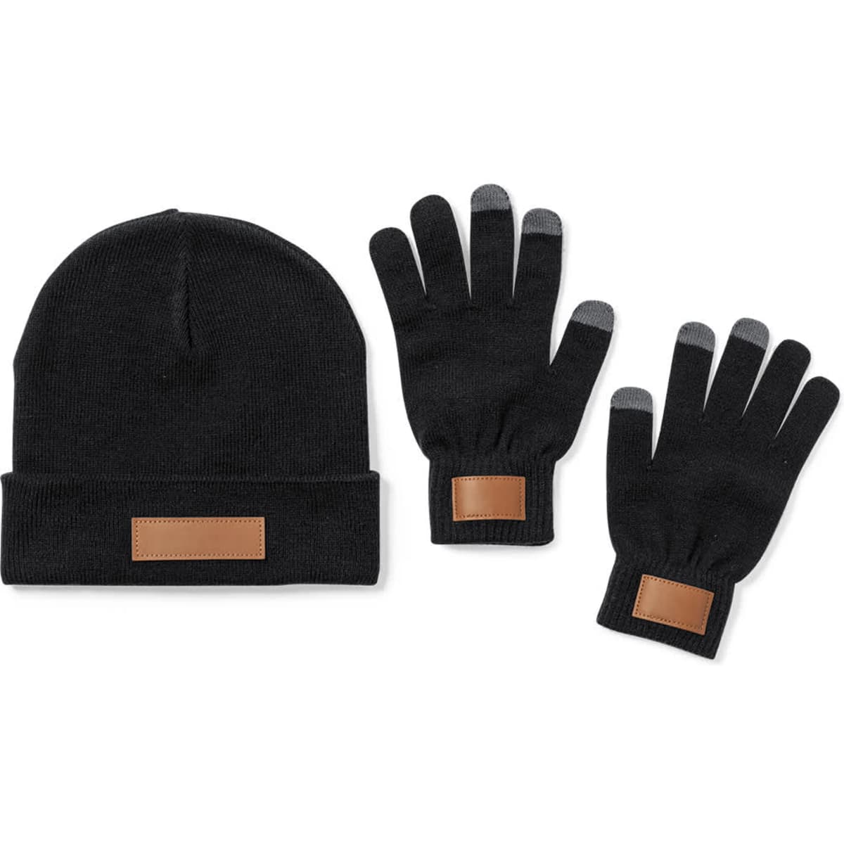 A black beanie hat and matching black gloves with tan leather accents, featuring a logo on the gloves.