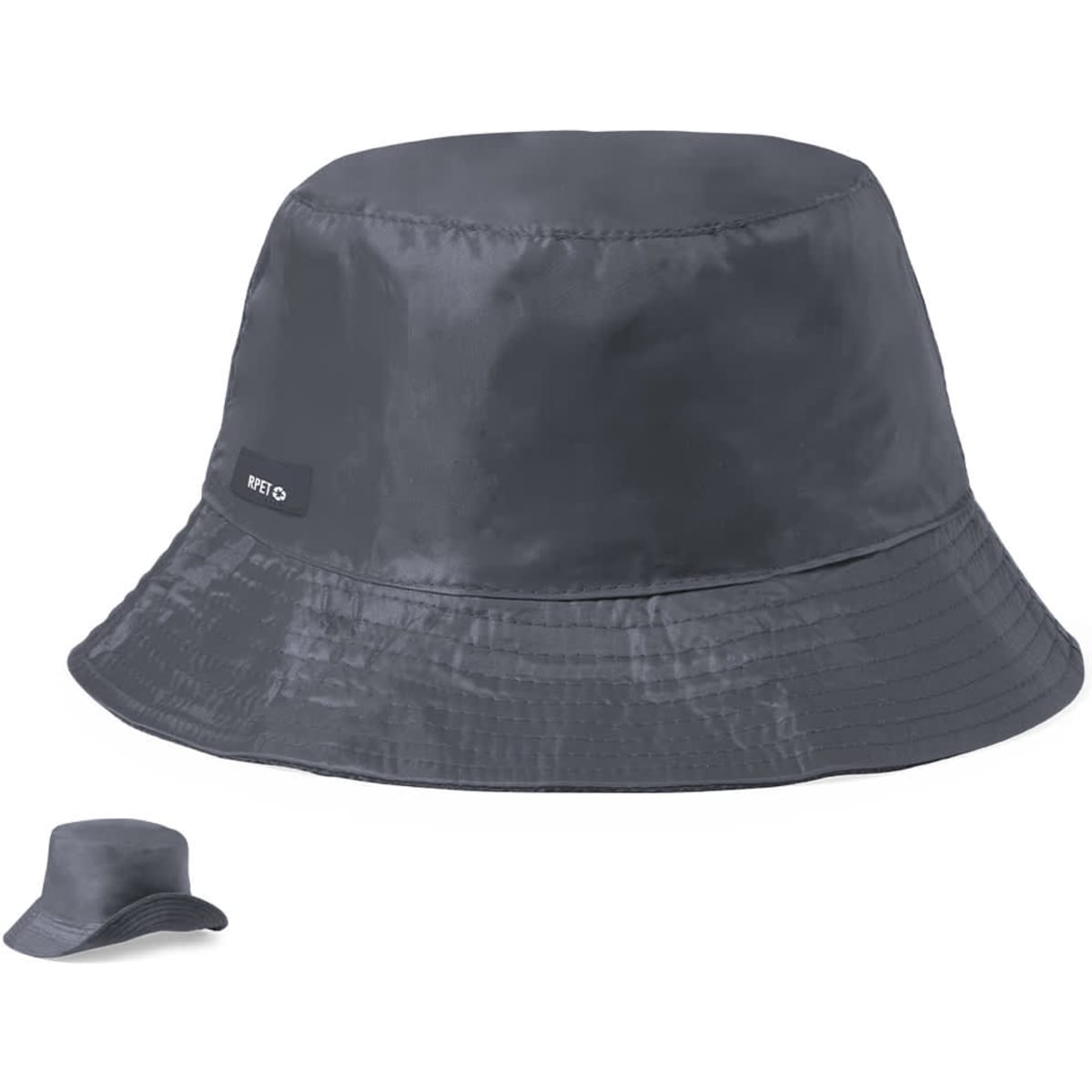 A grey bucket hat with a wide brim and a small logo tag, shown in two sizes.