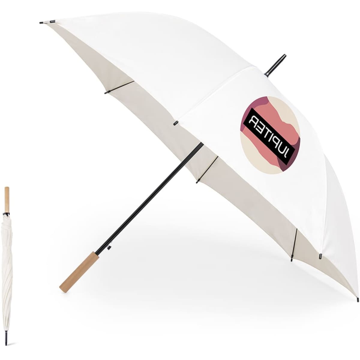 A white umbrella with a black pole and a wooden handle, featuring a logo on the canopy.