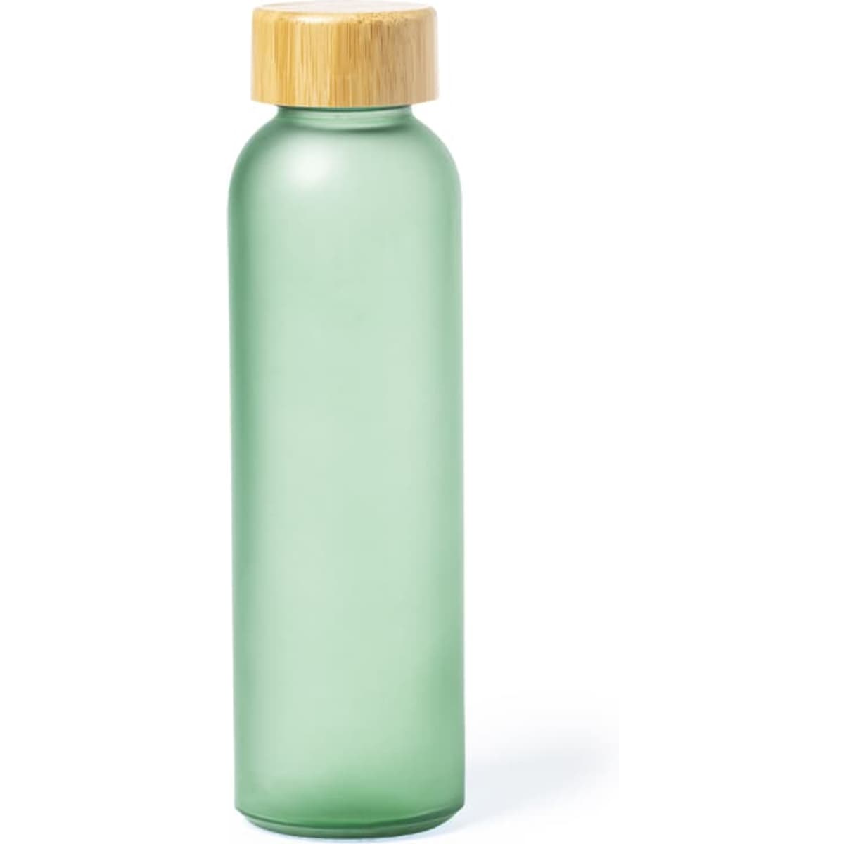A drink bottle in a frosted green finish with a bamboo lid, featuring a simple and elegant design.