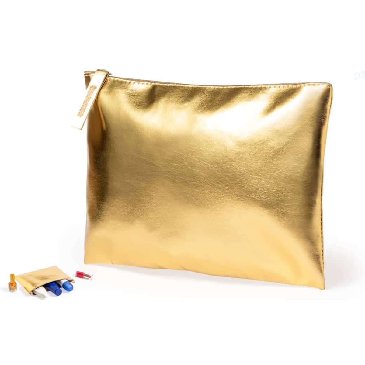 A shiny gold toiletry bag with a smooth finish, featuring a zip closure and a small pouch beside it.