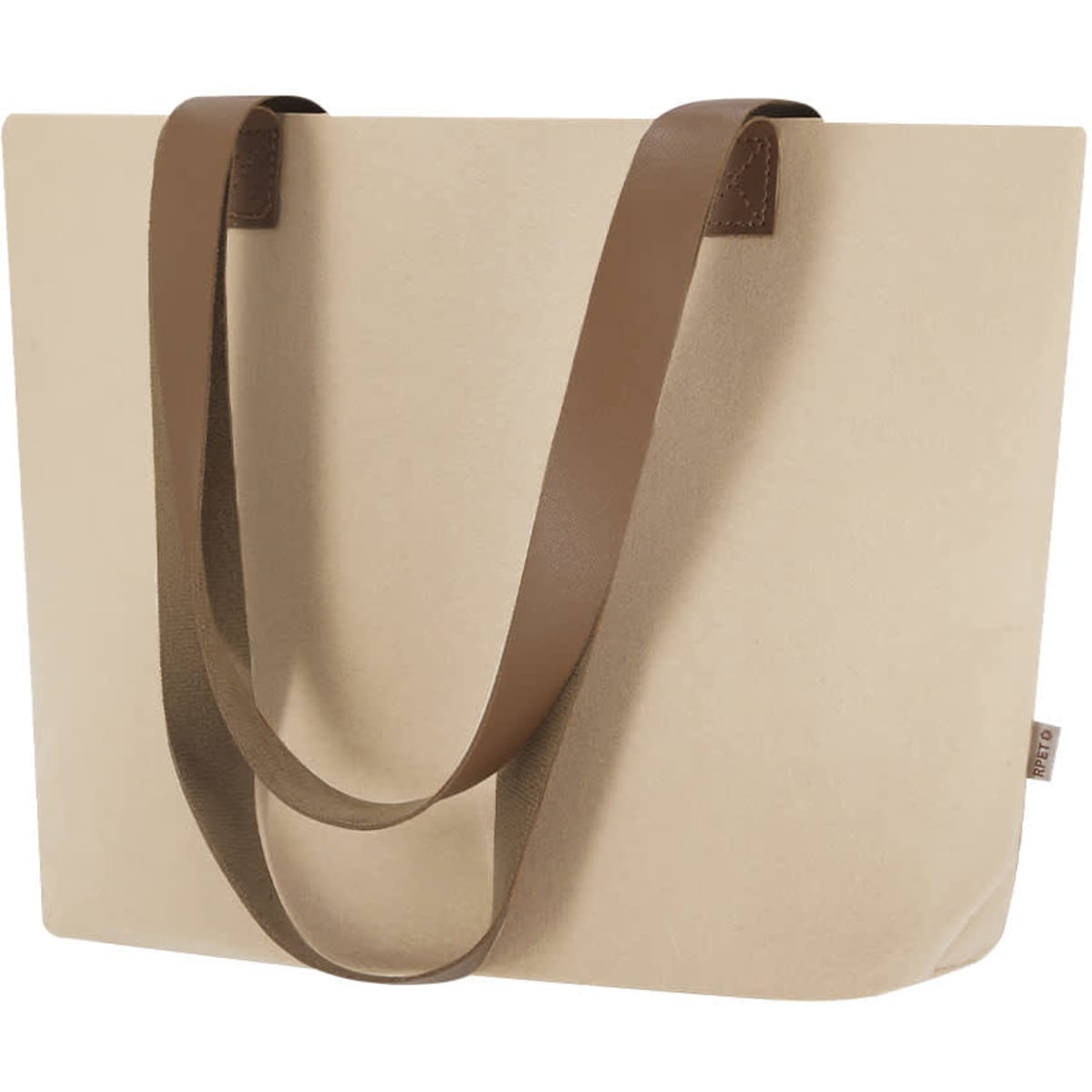 A beige tote bag with brown straps and a simple design, featuring a logo on one side.
