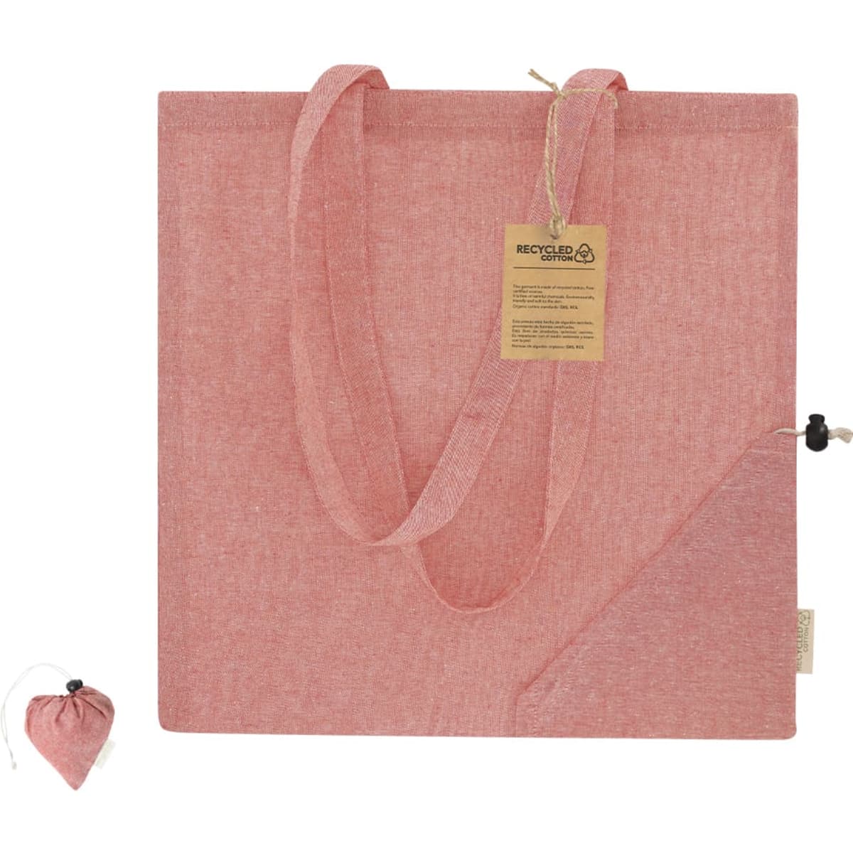 A foldable bag in a soft pink hue, featuring handles and a compact pouch for storage. It includes a branding logo.