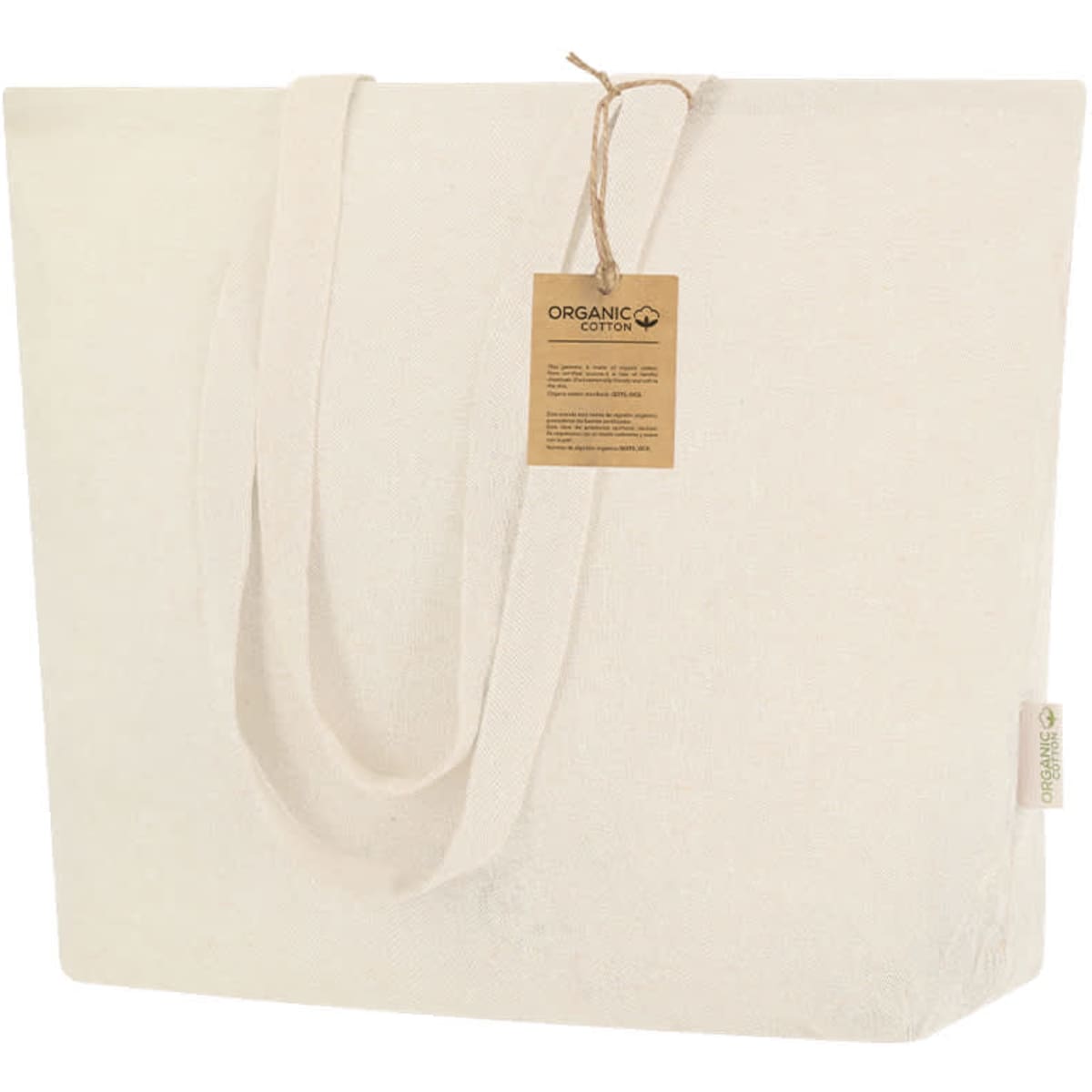 A beige tote bag made of organic cotton with sturdy handles and a tag. It features a simple, minimalist design.